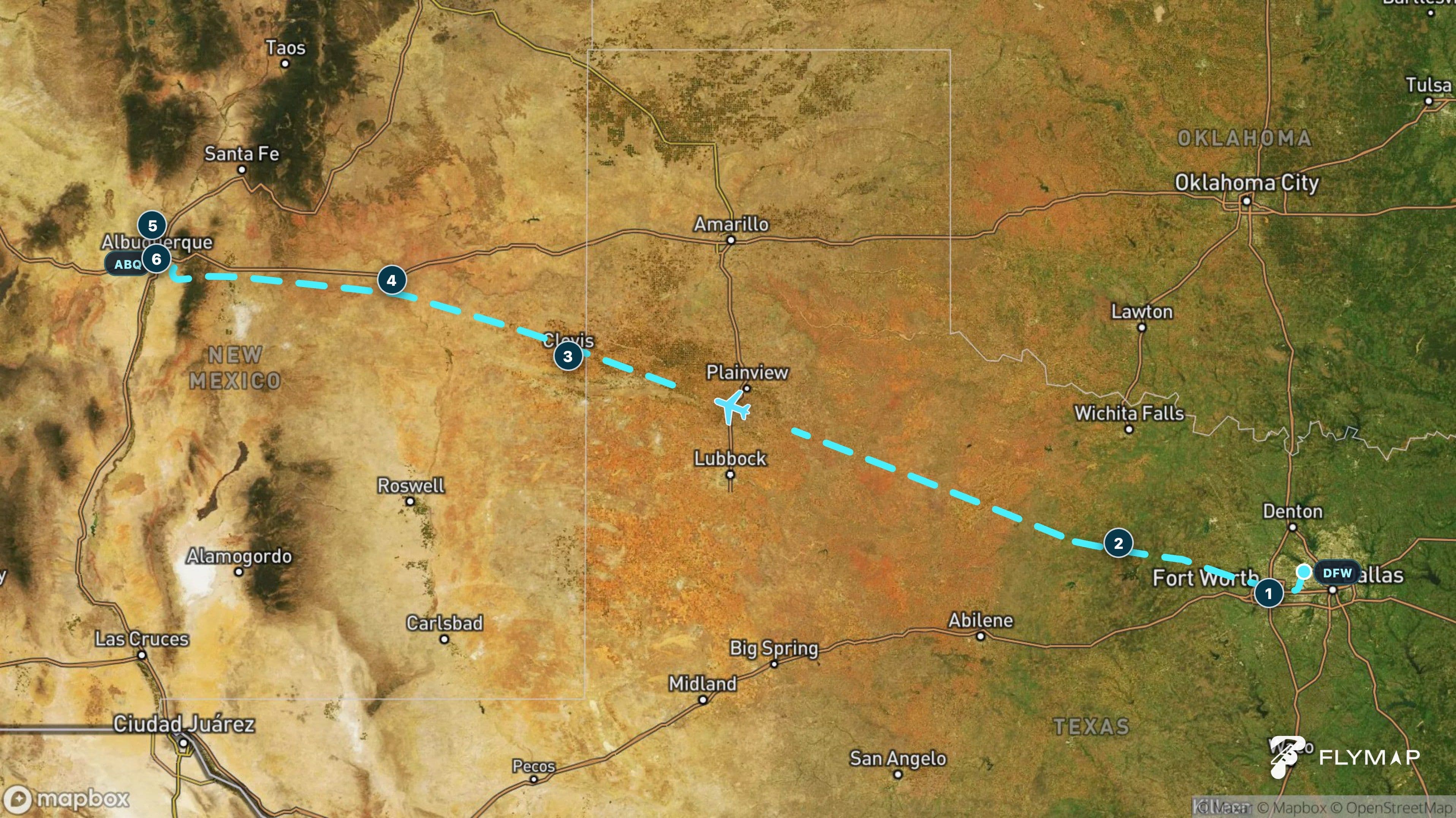 Route from Dallas-Fort Worth to Albuquerque crossing Texas plains and the Llano Estacado