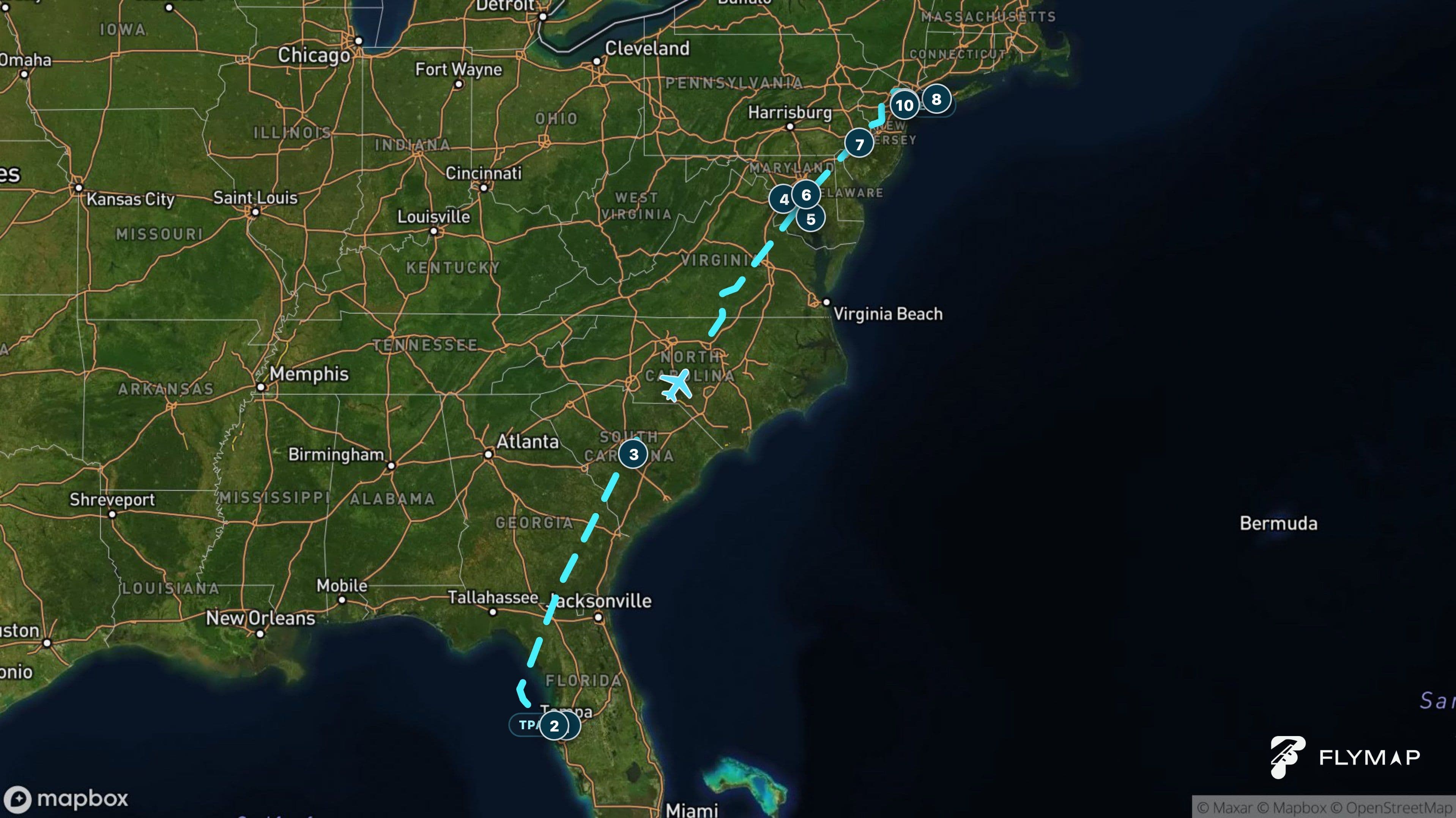 Map of the Tampa to Newark flight route from Florida through the eastern United States to the New York area