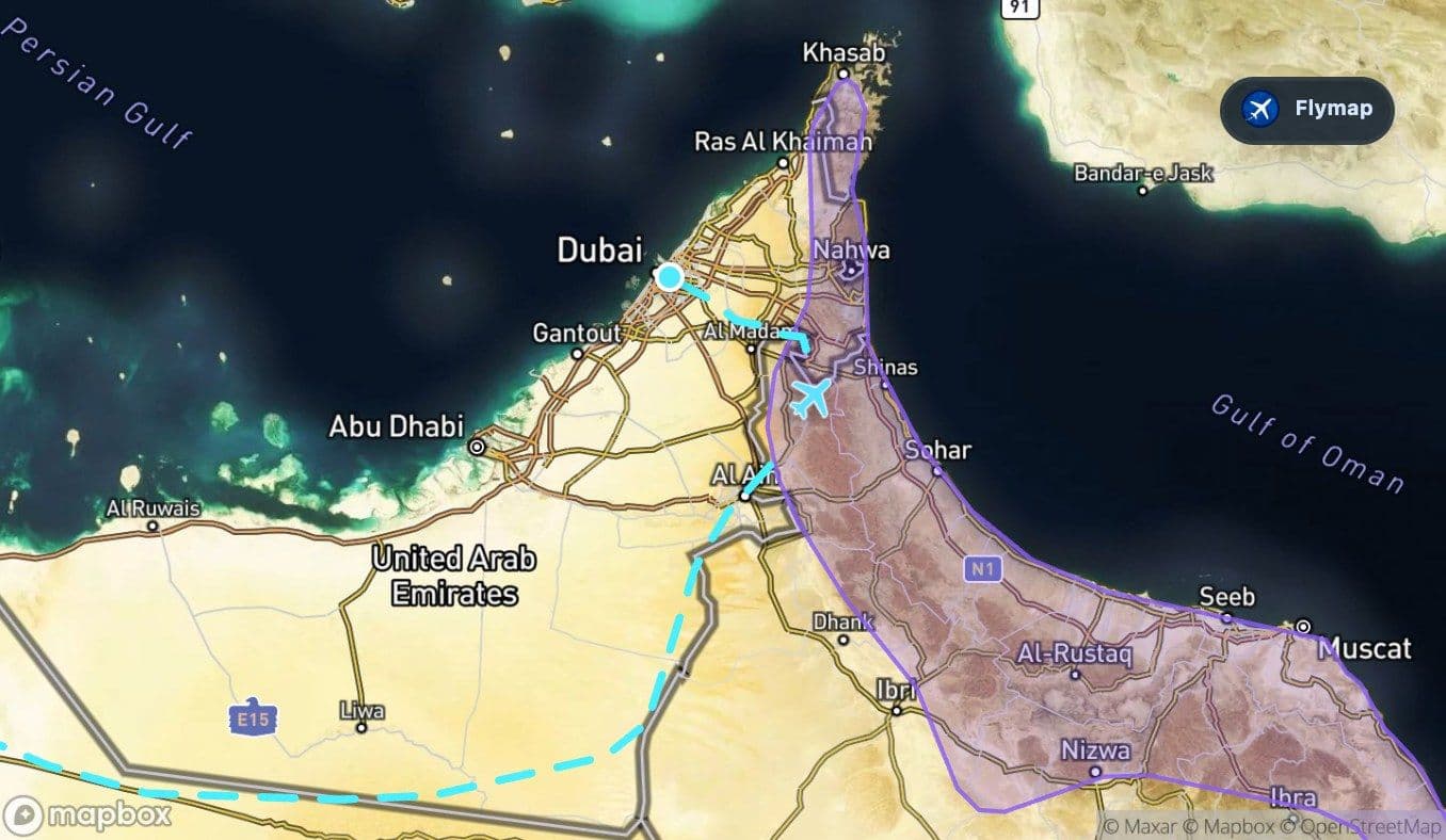 Map showing the Al Hajar Mountains near the approach to Dubai