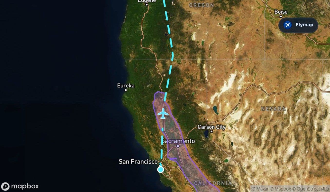 Map showing California's Central Valley on the San Francisco to Seattle flight route