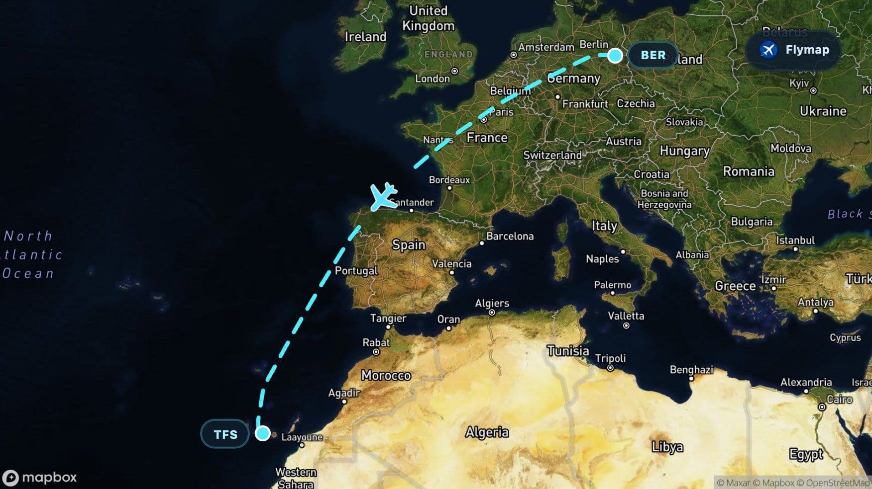 Map of the Berlin to Tenerife flight route crossing Germany, France, the Bay of Biscay, Spain and the Atlantic Ocean