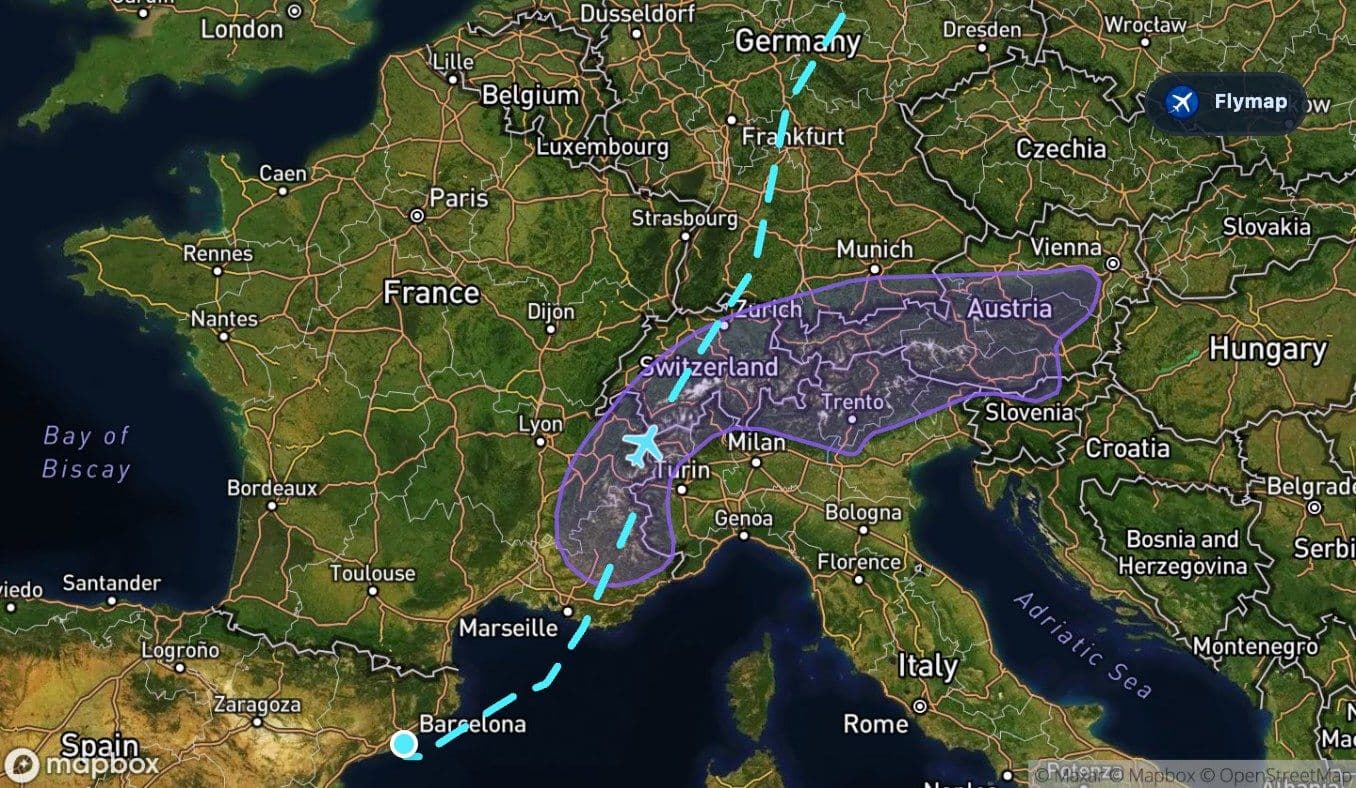 Map view of the Barcelona to Stockholm route crossing the Alps
