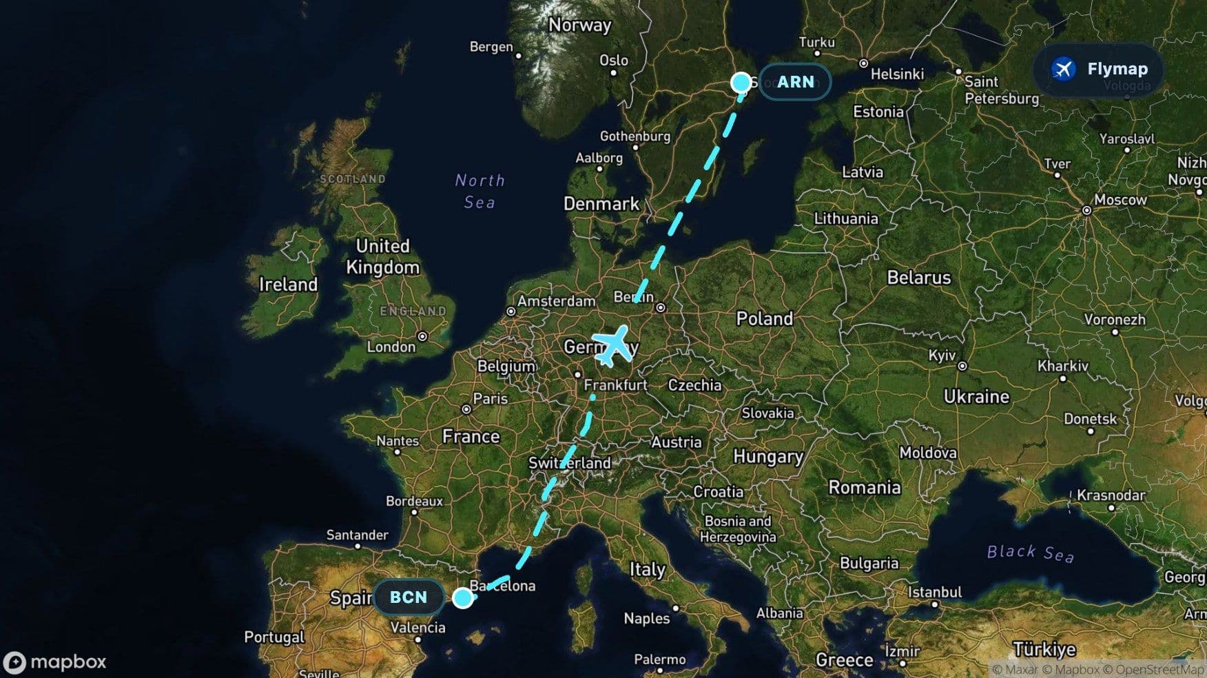 Map-style view of the Barcelona to Stockholm flight route crossing the Mediterranean, Alps, Germany, Baltic Sea, and Sweden