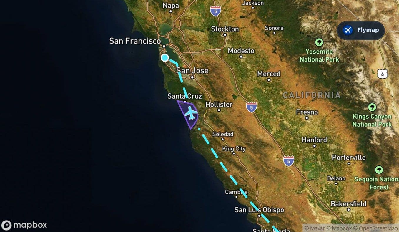 Map highlight of Monterey Bay near the northern part of the LAX to SFO route