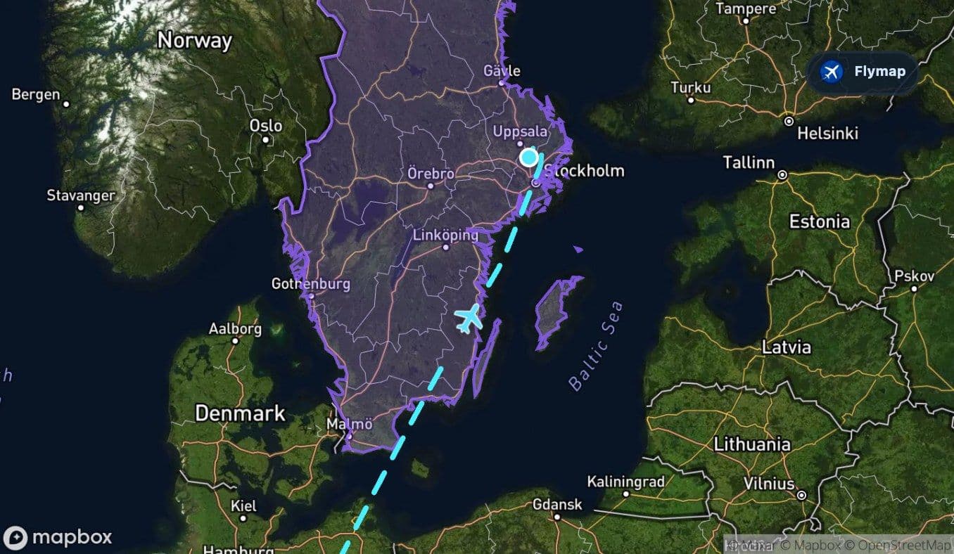 Map view of the route over Sweden before arrival at Stockholm