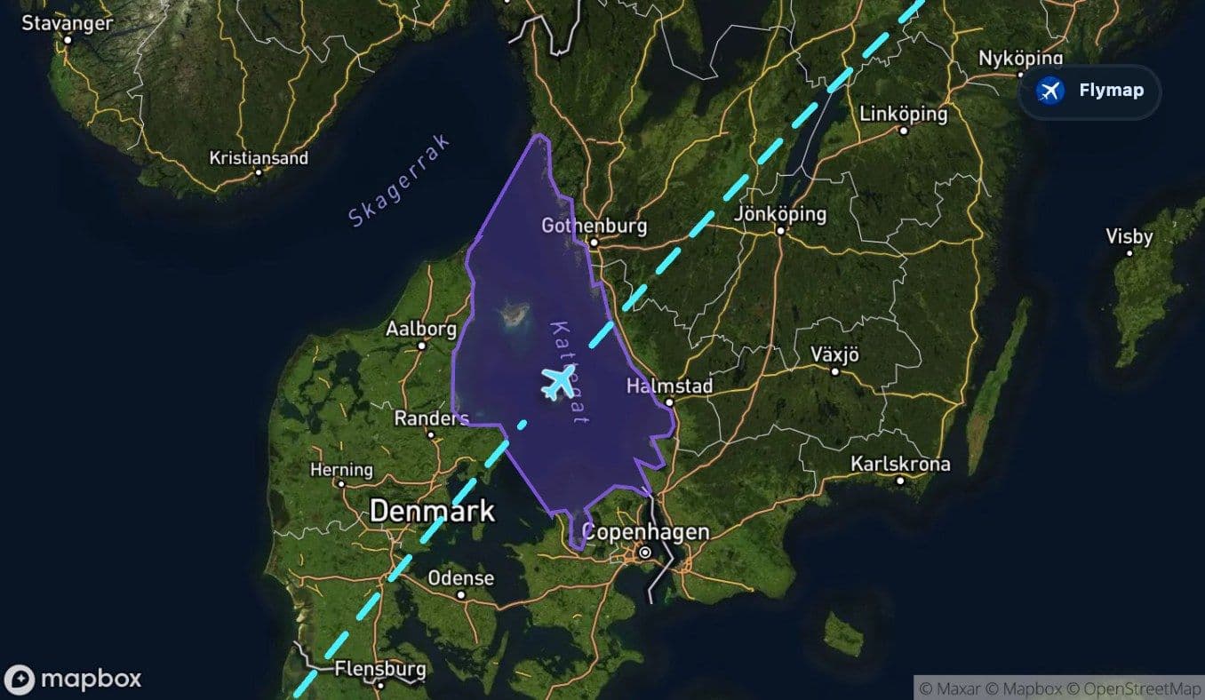 Map view of the route crossing Kattegat between Denmark and Sweden