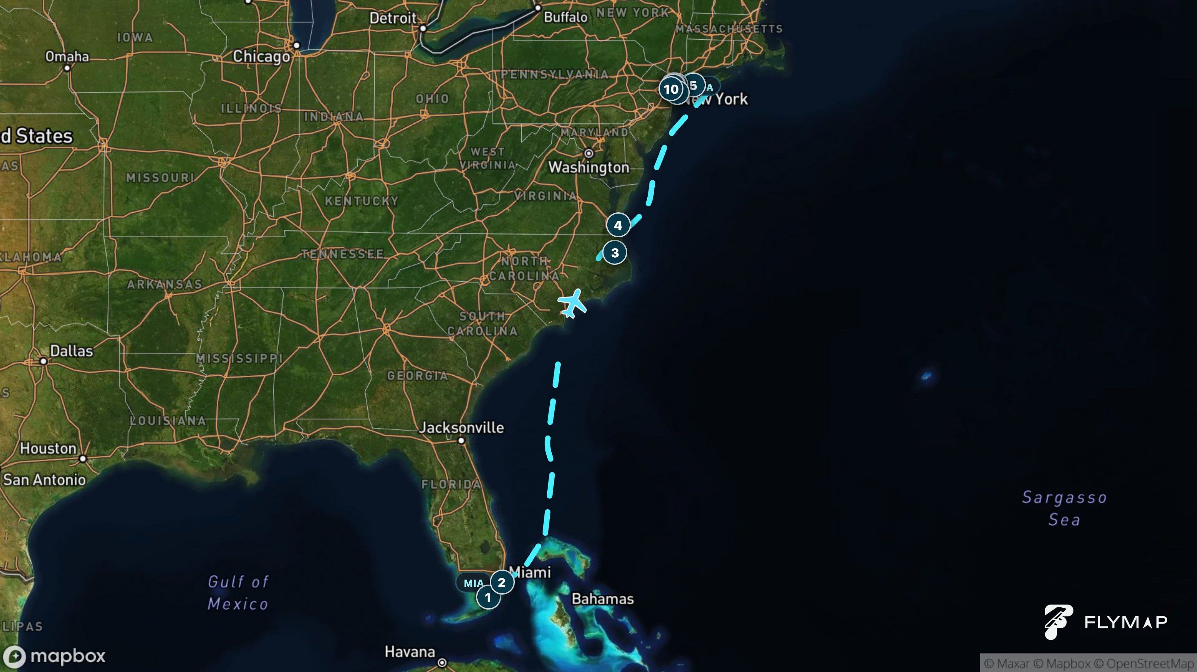 Miami to New York flight route across the Florida Strait and Atlantic toward Long Island