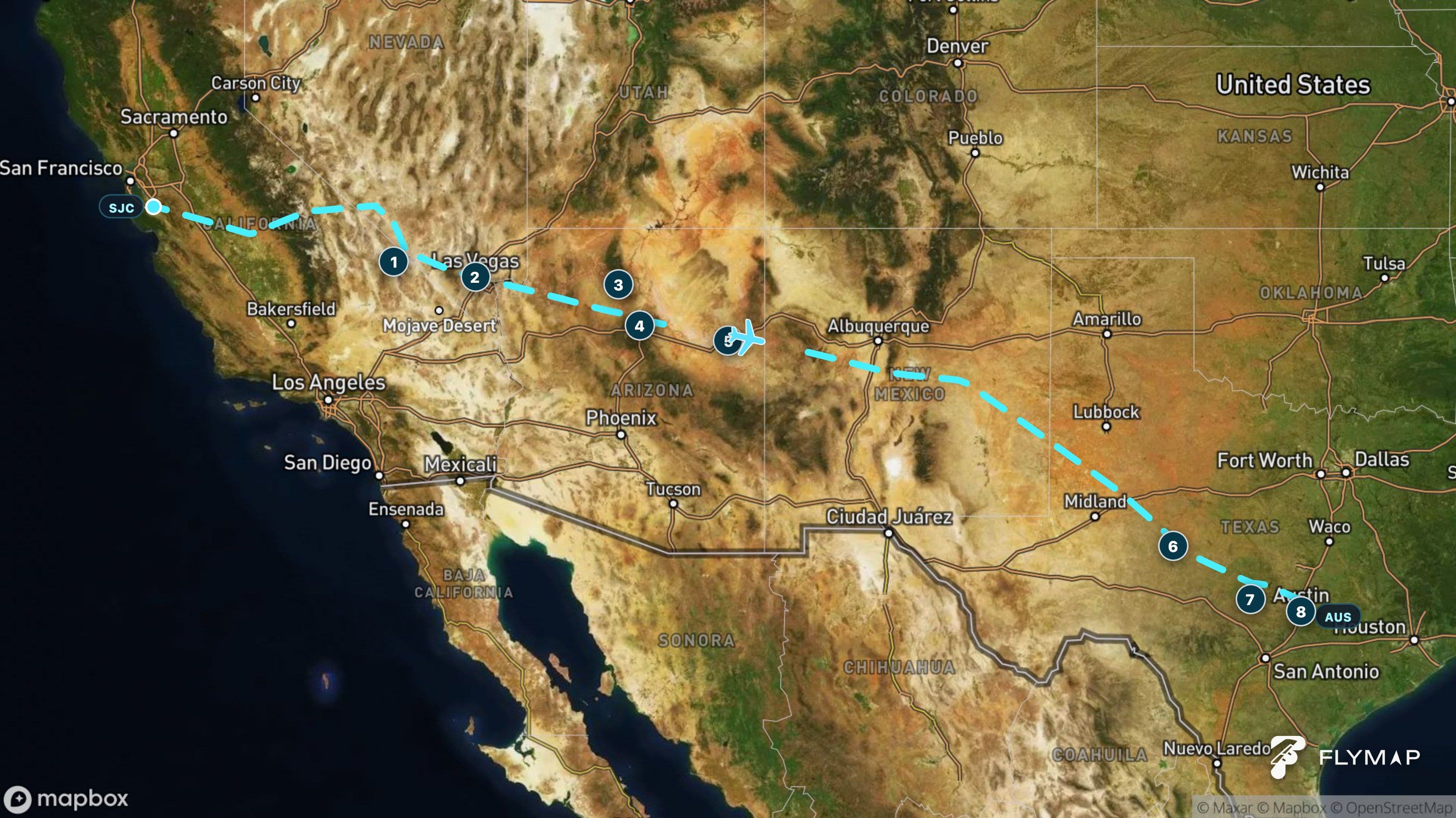 Map of the San Jose to Austin flight route crossing California mountains, desert basins, Arizona plateaus and Texas plains