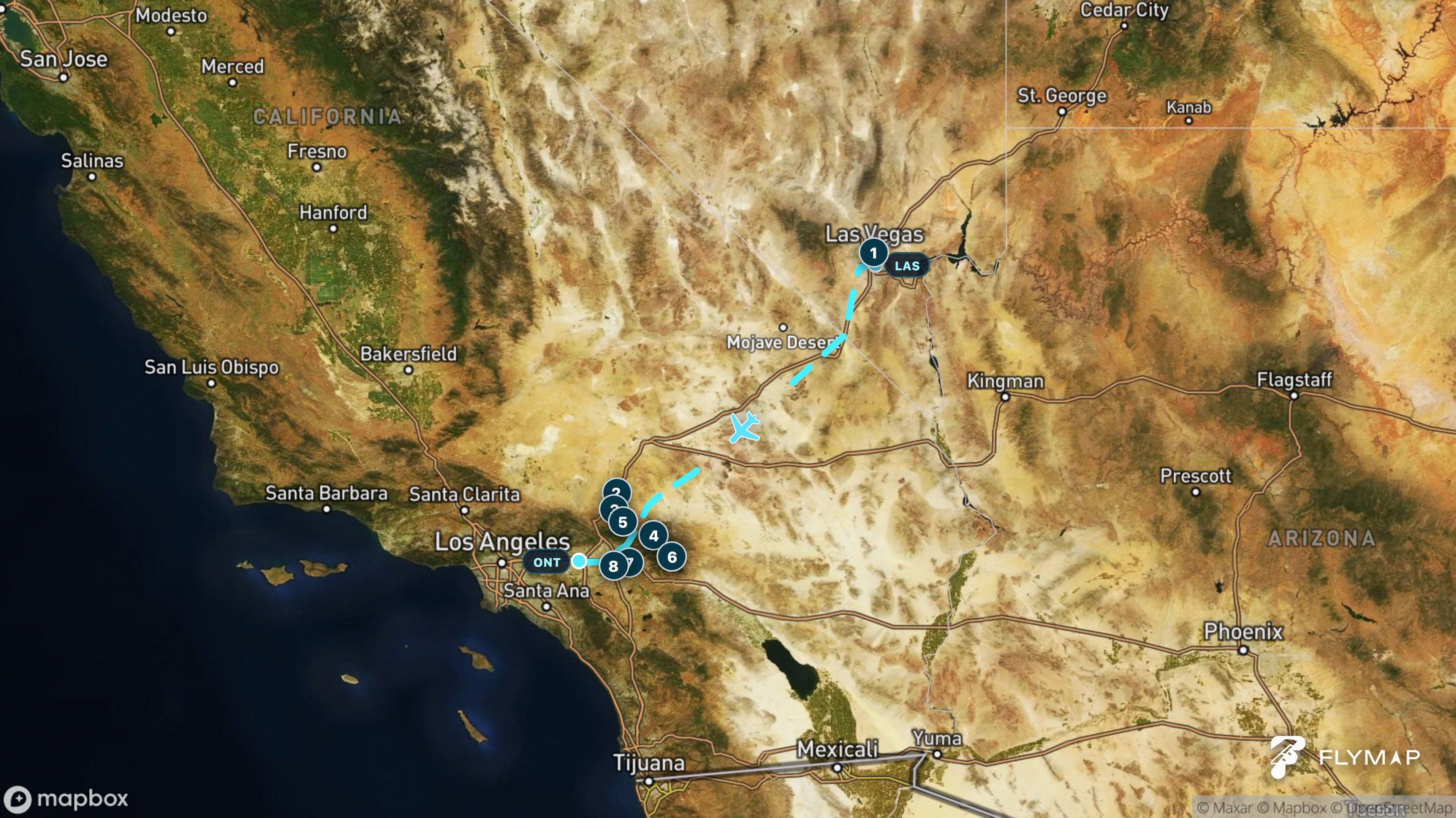 Map of the flight route from Las Vegas to Ontario across the Mojave Desert and Southern California