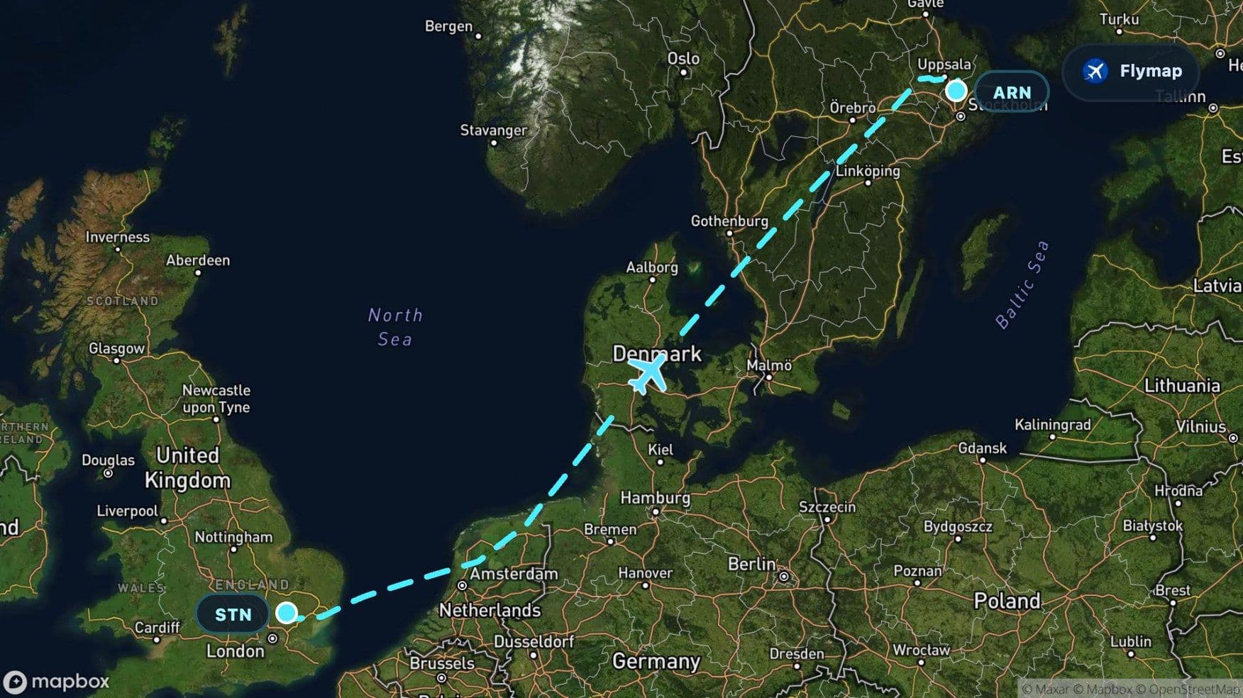 Map-style view of the London Stansted to Stockholm flight route crossing the North Sea, Denmark, Kattegat, Sweden, and Lake Vättern