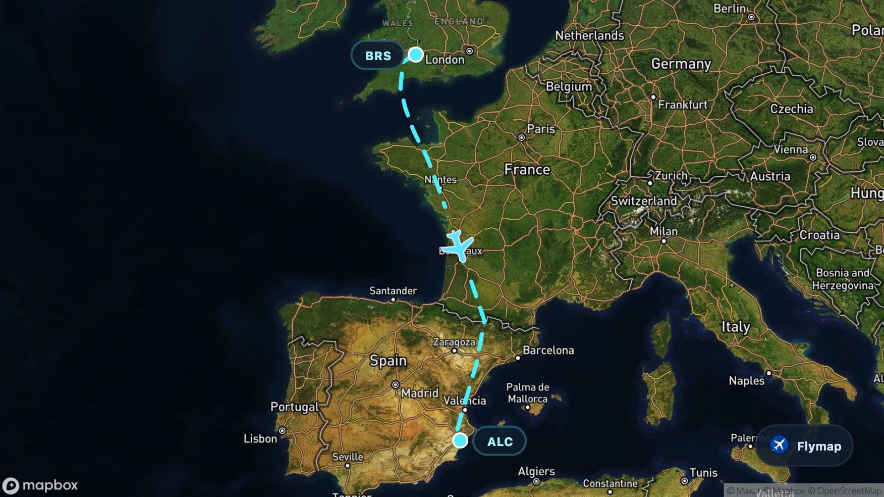 Map overview of the Bristol to Alicante flight route crossing southwest Britain, the English Channel, France, the Pyrenees and eastern Spain