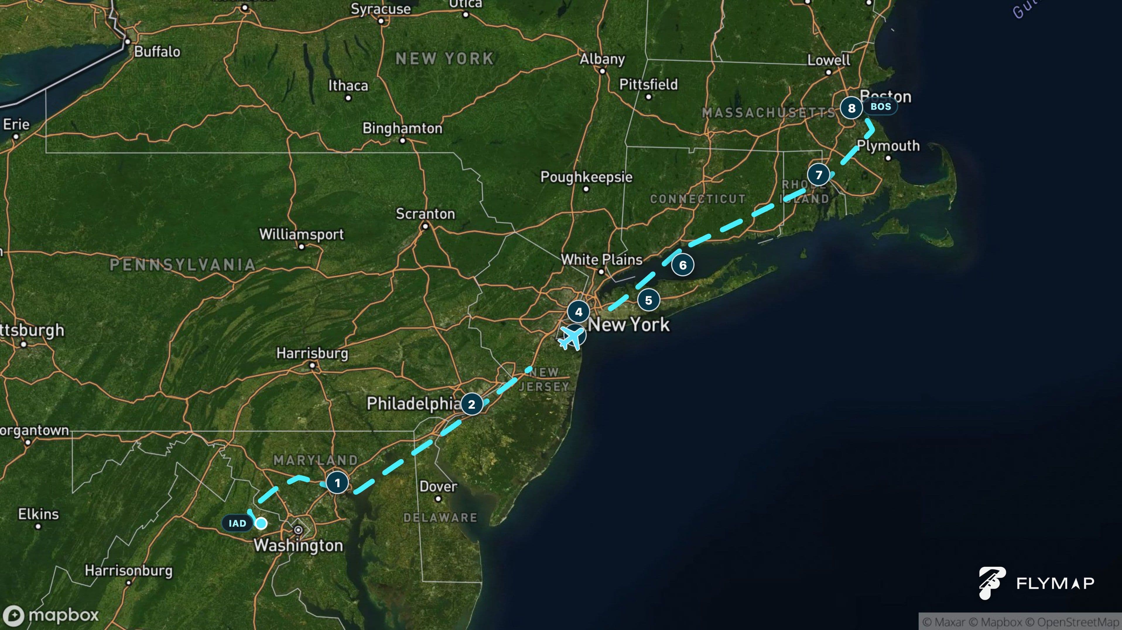Map of the Dulles to Boston flight route passing Chesapeake Bay, New Jersey, Long Island, and coastal New England