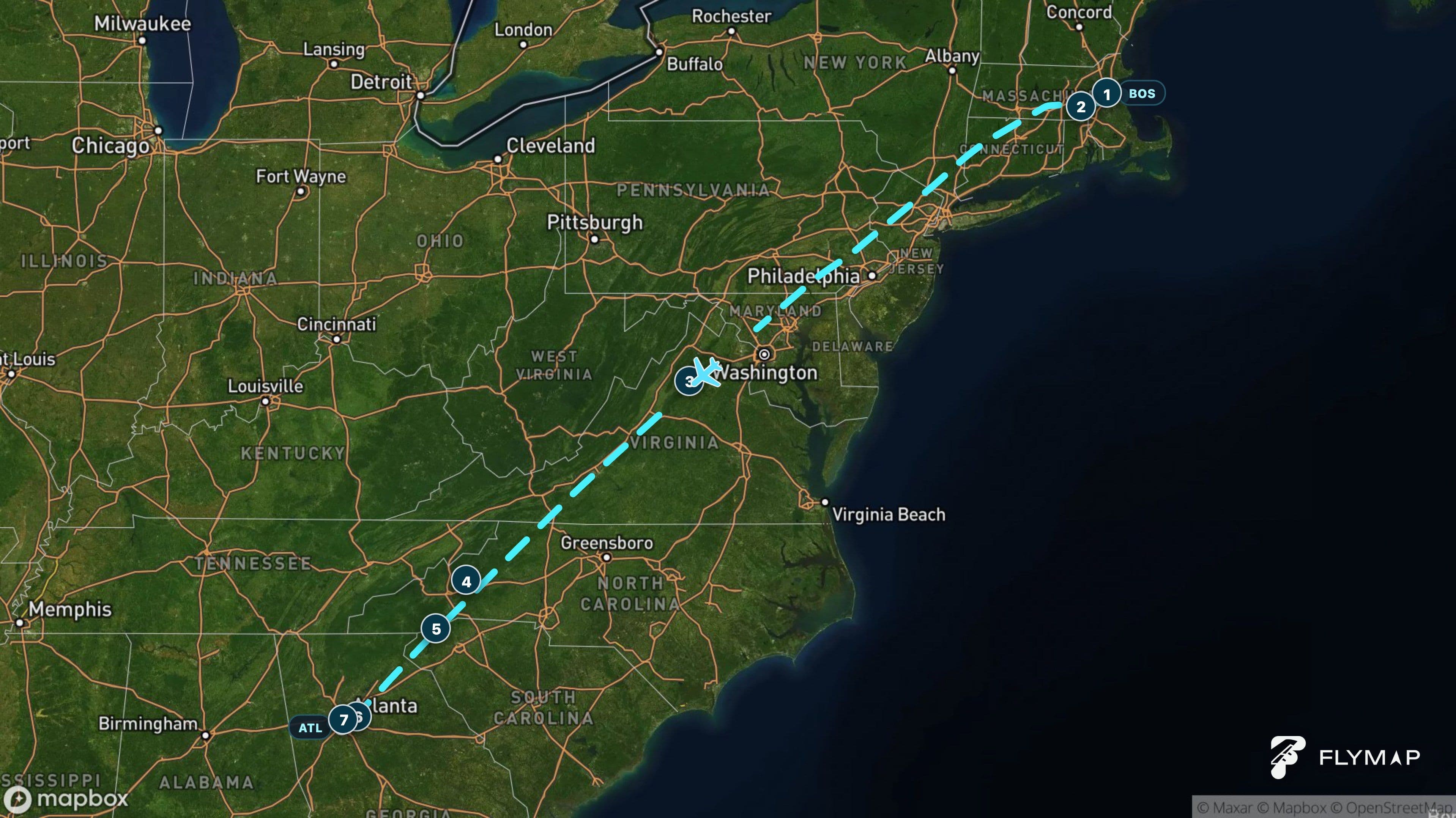 Map of the Boston to Atlanta flight route crossing the Appalachian Mountains
