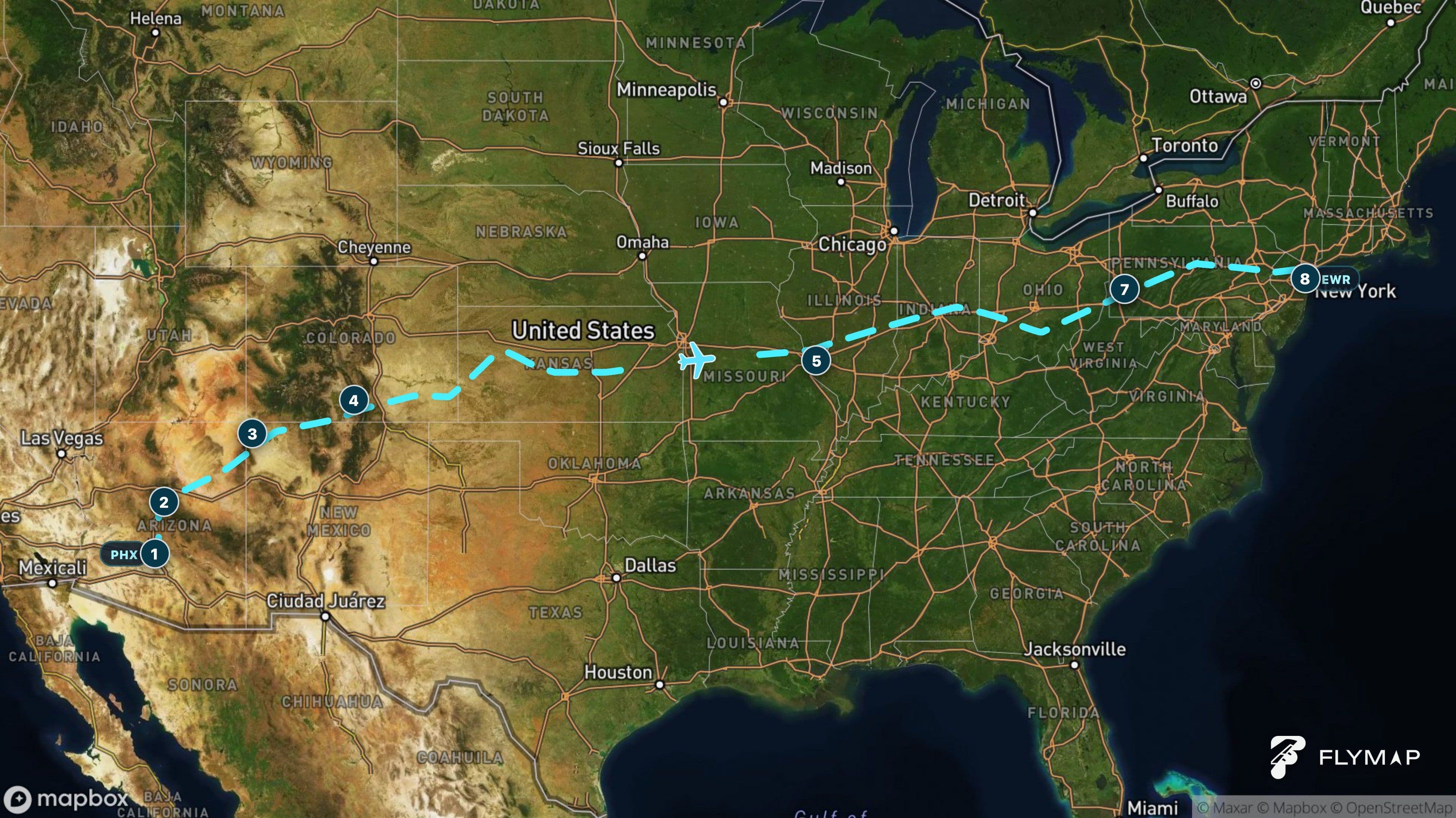 Map of the Phoenix to Newark flight route crossing the southwestern desert, Rocky Mountains, central plains and Appalachians