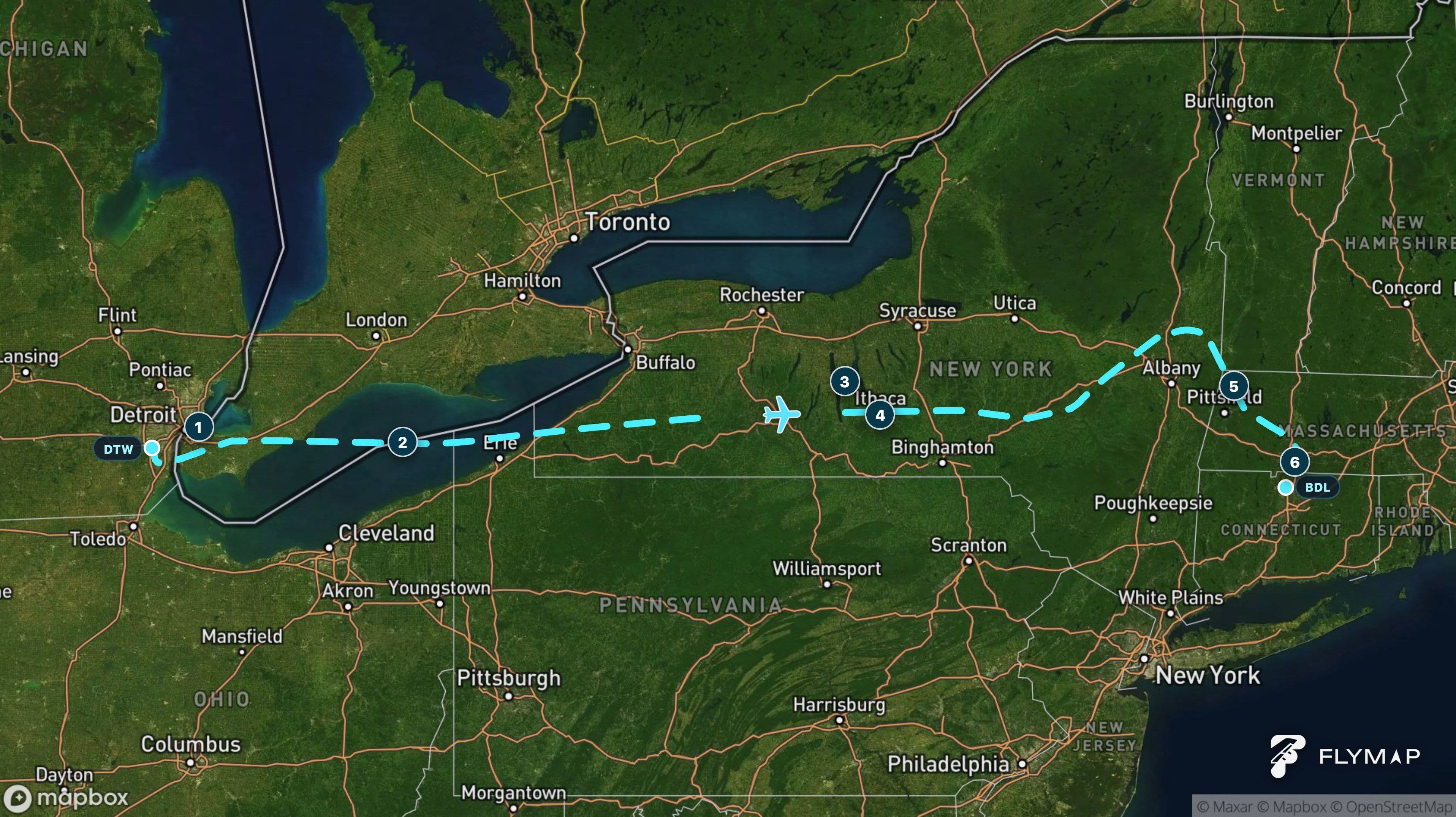 Map of the flight path from Detroit across Lake Erie and upstate New York to Hartford