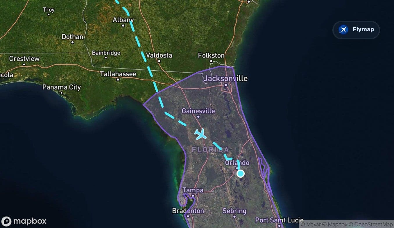 Map highlight of the Florida peninsula on the approach to Orlando