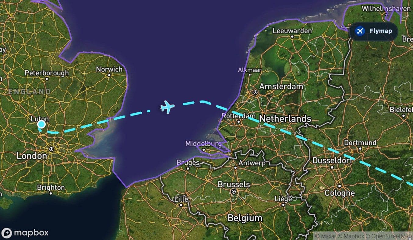 Map highlighting the North Sea crossing after departure from Great Britain