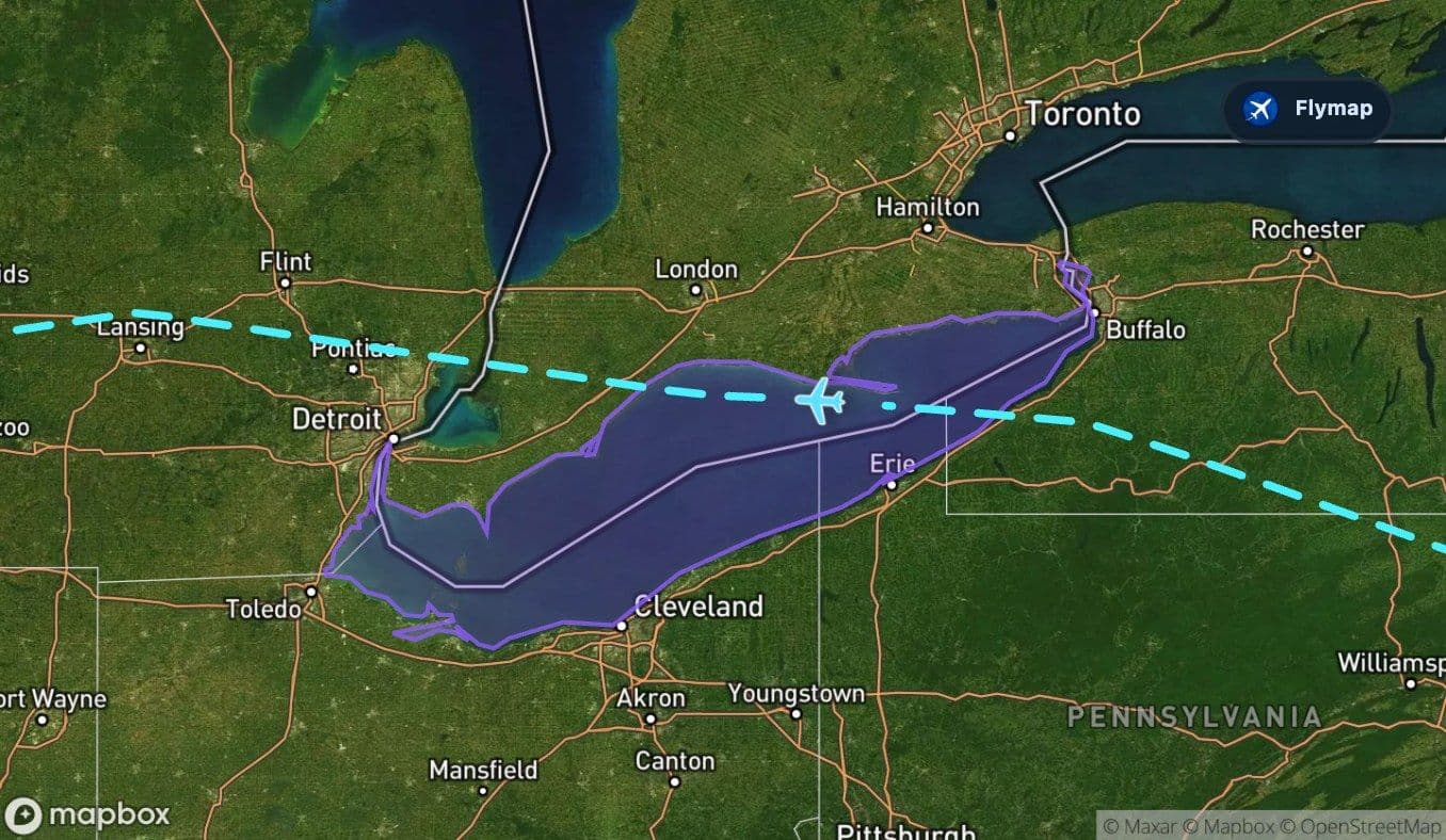 Map highlight of Lake Erie along the New York to Chicago route