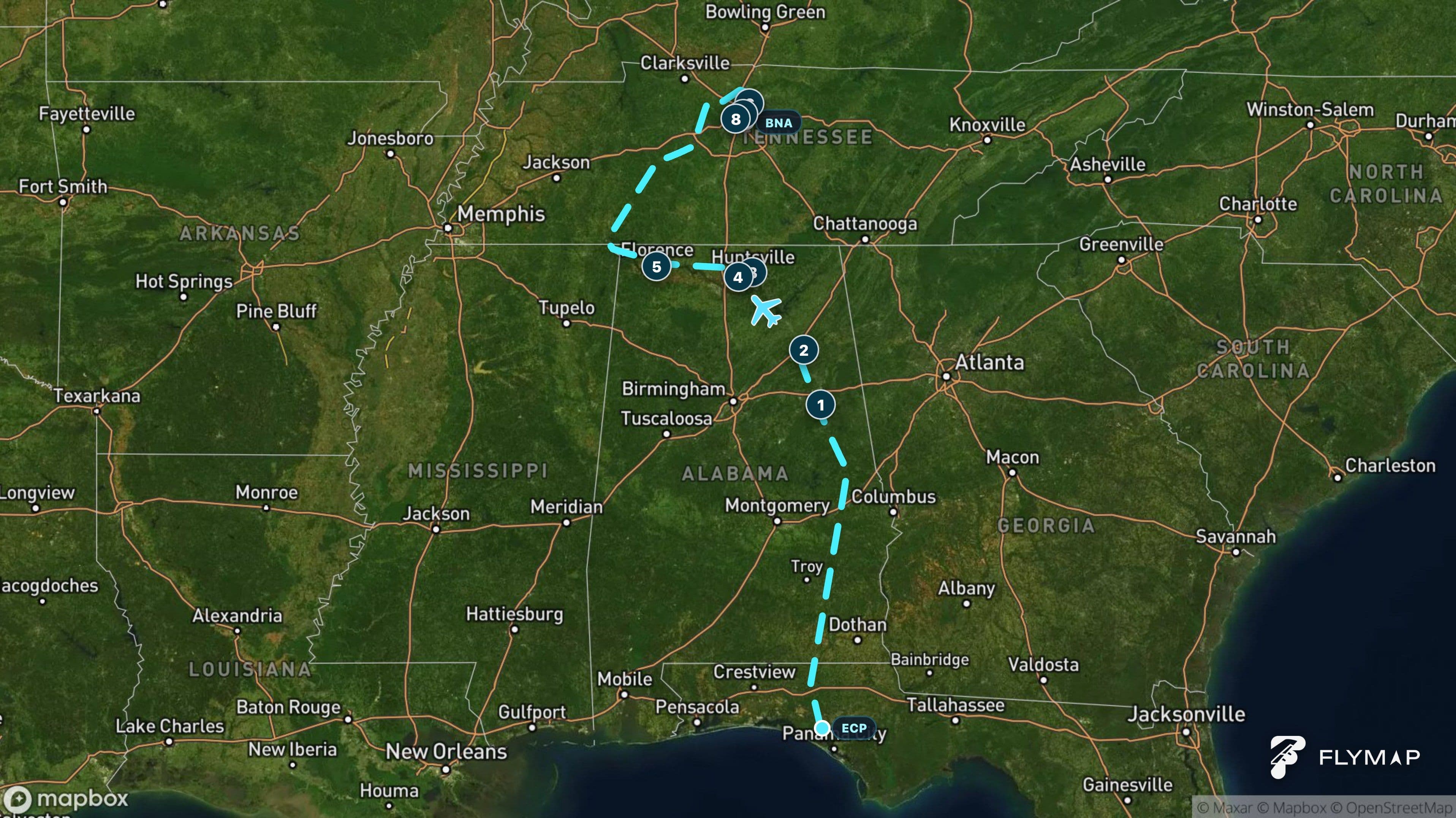 Map of the flight route from Panama City Beach, Florida, to Nashville, Tennessee