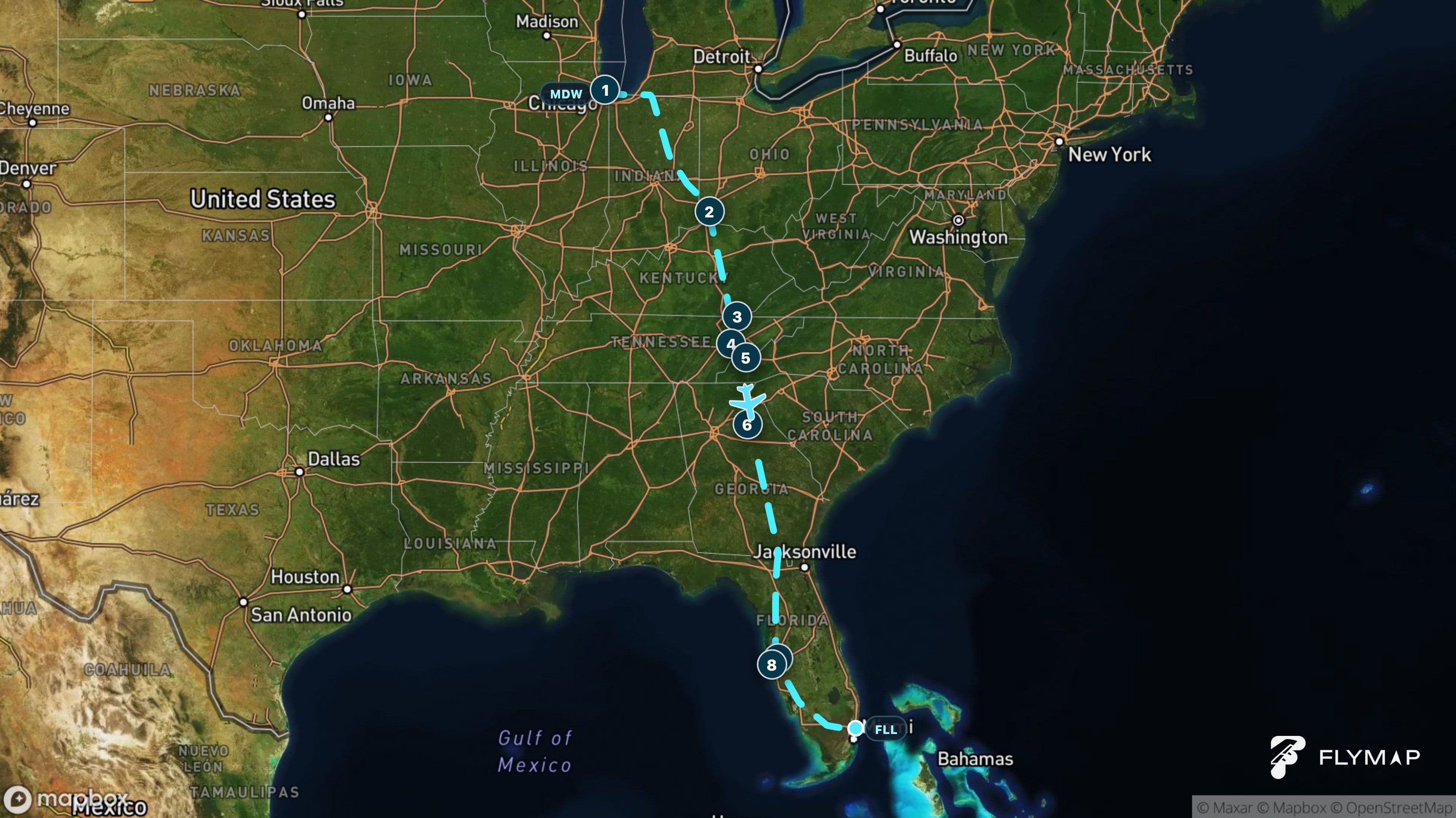 Map of the Chicago Midway to Fort Lauderdale flight route crossing the Appalachians, Georgia and Florida