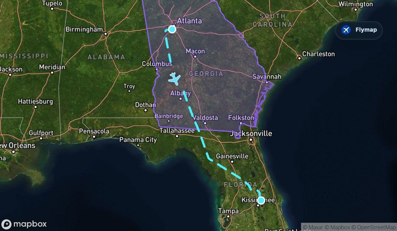 Map highlight of Georgia at the start of the Atlanta to Orlando route