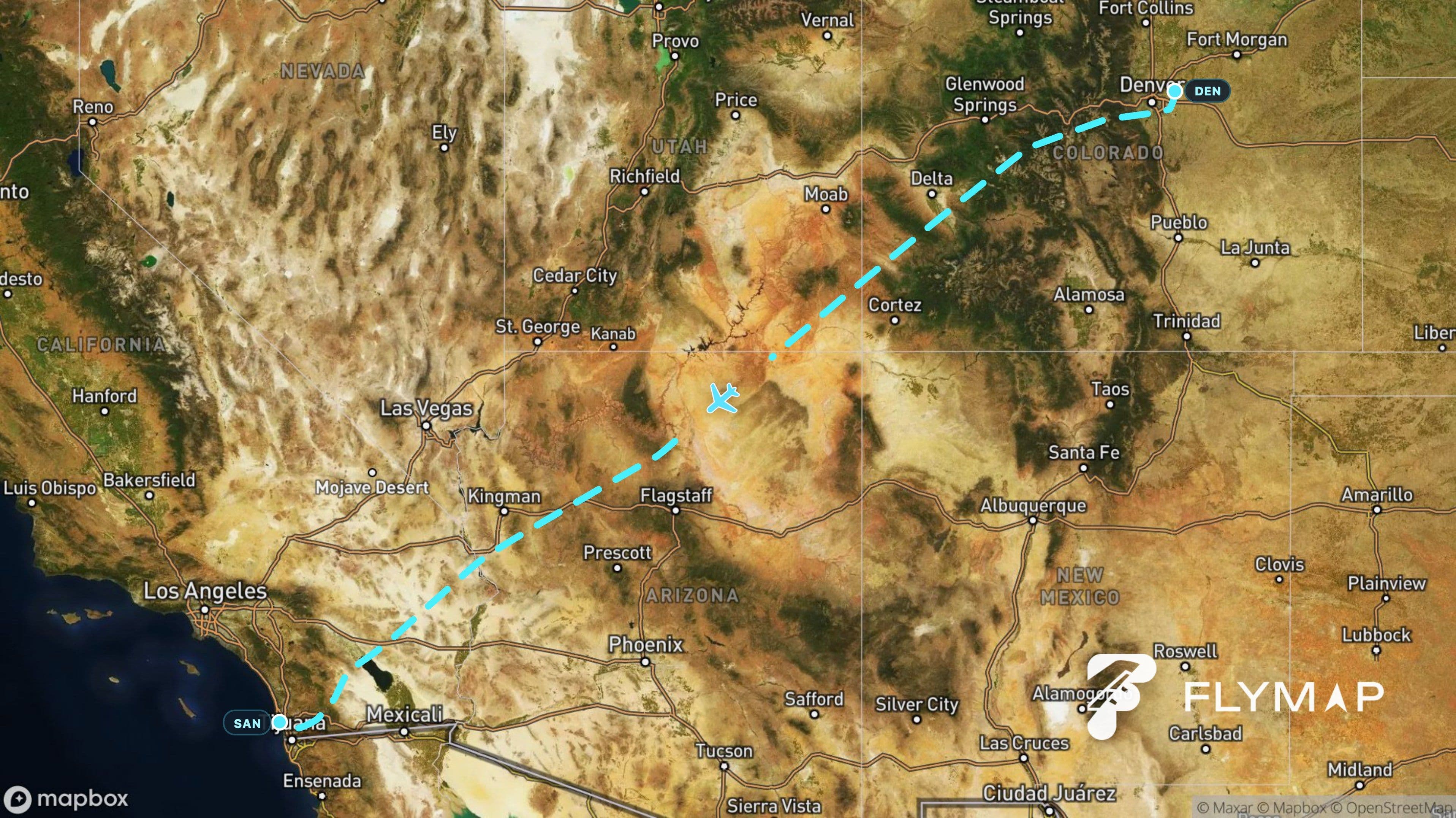 Terrain sequence from the Rocky Mountains near Denver across the Southwest toward San Diego
