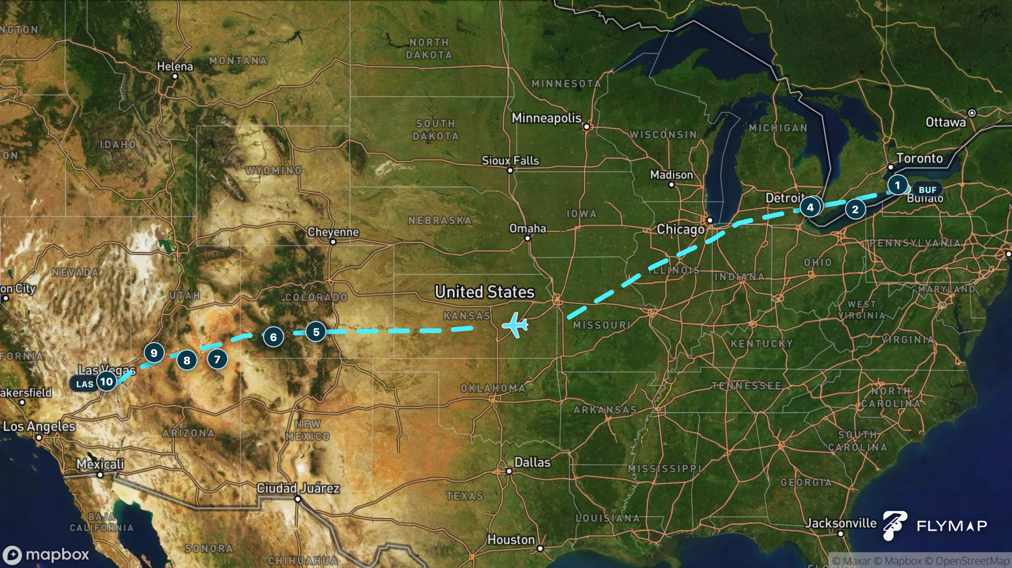 Map of the Buffalo to Las Vegas flight route from the Great Lakes across the Central Lowlands, Great Plains, Rocky Mountains, Colorado Plateau, and Nevada.