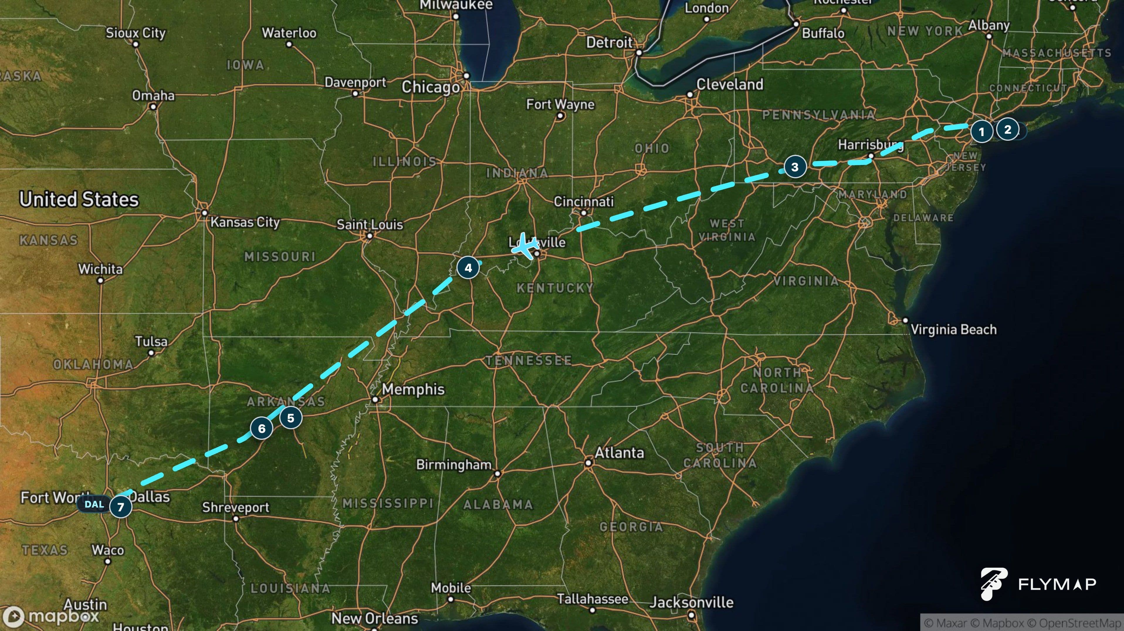 Map of the flight path from New York LaGuardia to Dallas Love Field across the eastern and central United States