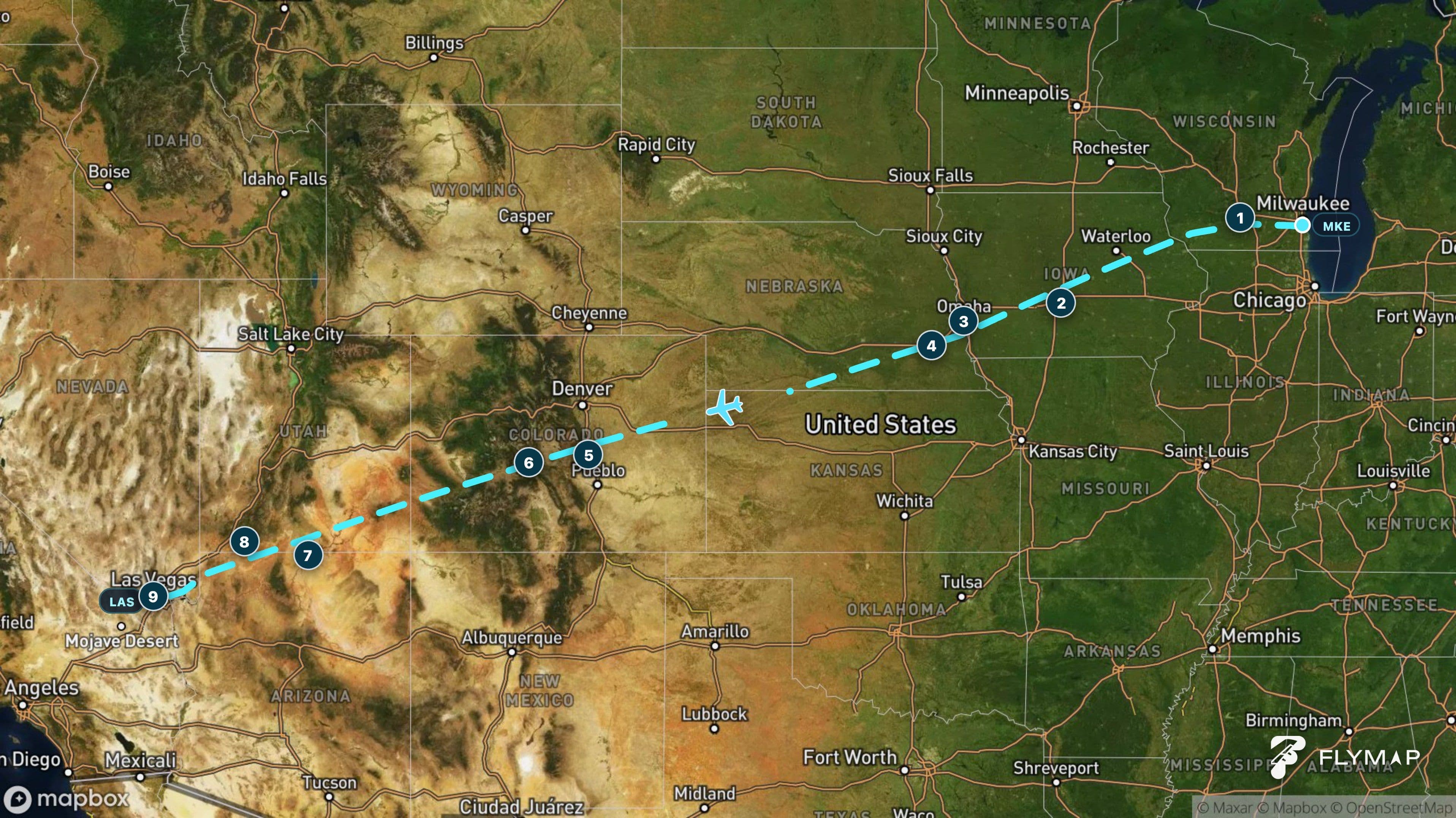 Map of the Milwaukee to Las Vegas flight route crossing the Central Lowlands, Great Plains, Rocky Mountains and desert Southwest