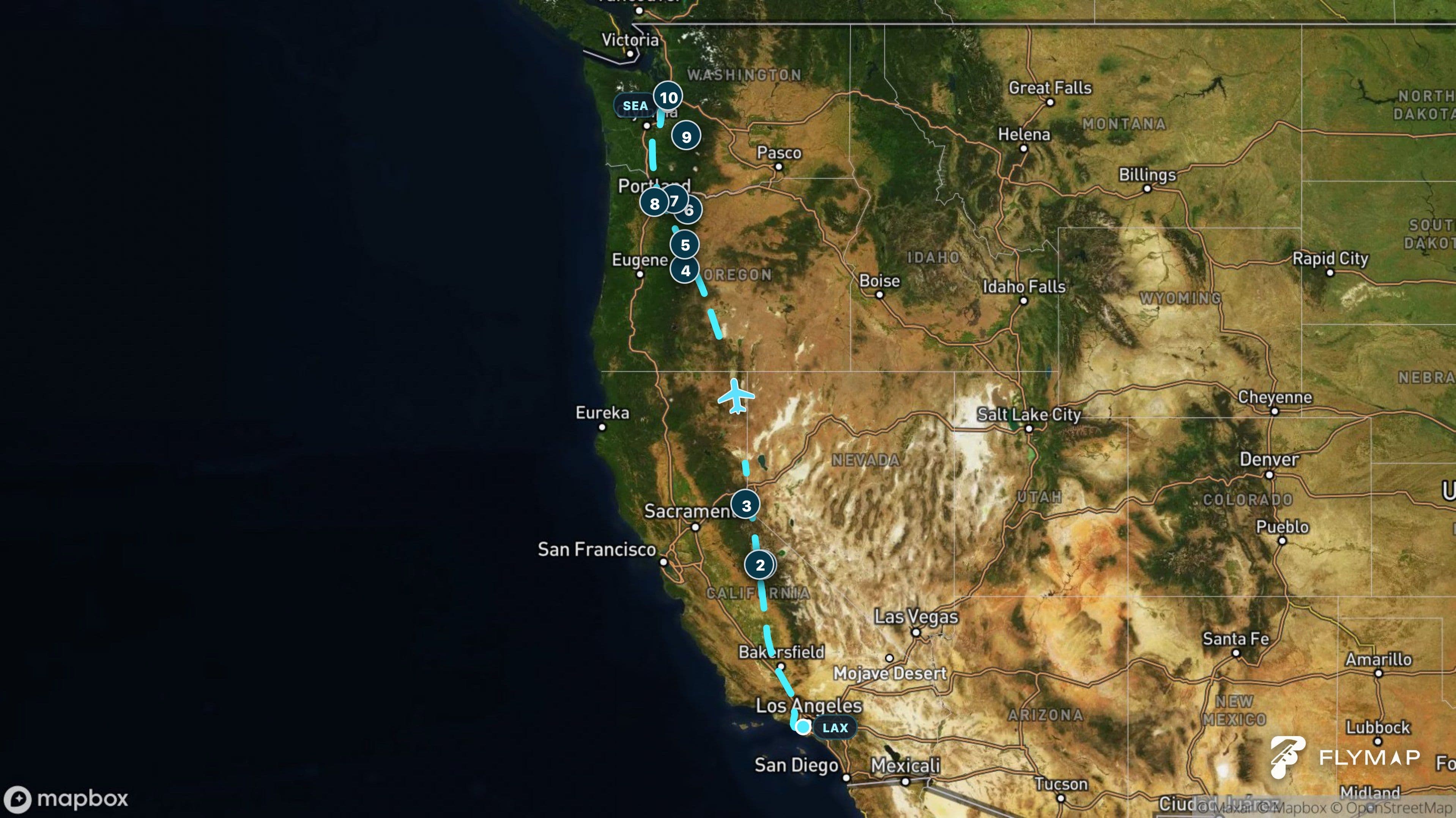 Map of the Los Angeles to Seattle flight route across California, the Great Basin and the Cascade Range