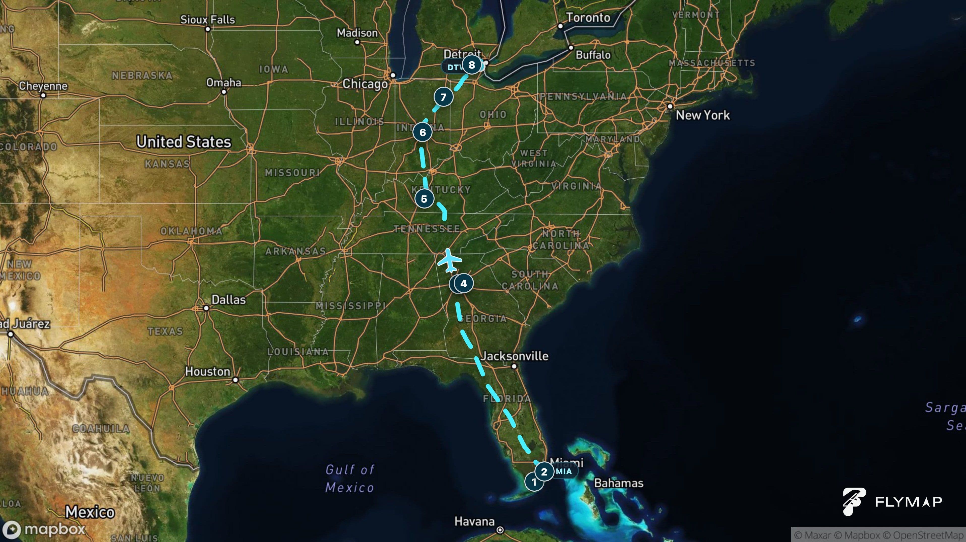 Miami to Detroit flight route from South Florida across the Appalachians to Michigan