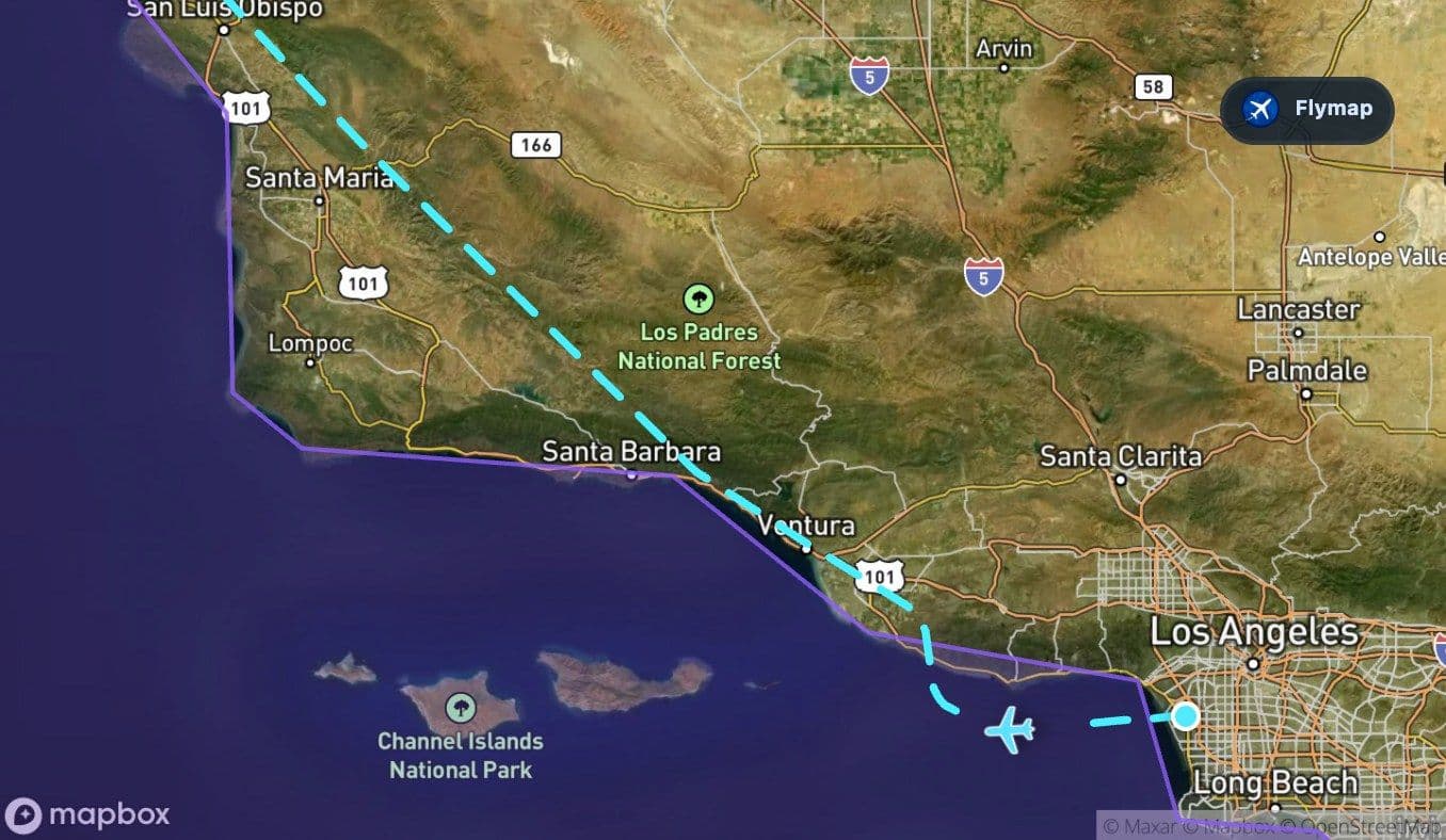 Map highlight of the Pacific Ocean near the departure from Los Angeles