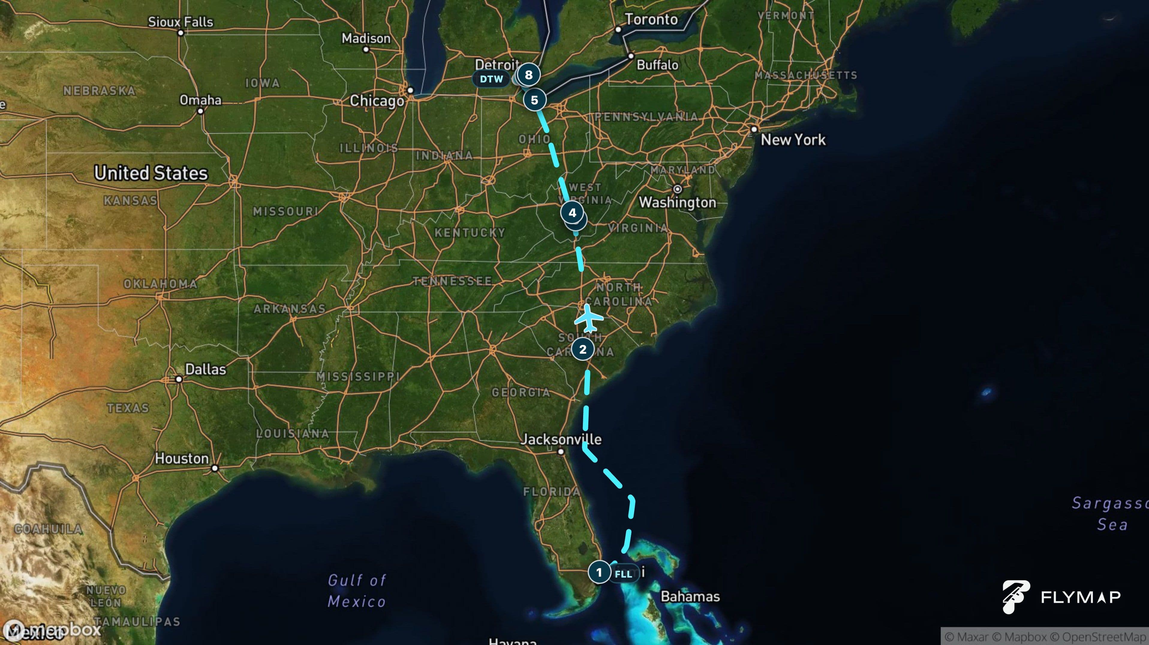 Map of the Fort Lauderdale to Detroit flight route across Atlantic water, the Carolinas, Appalachians, Lake Erie and Michigan