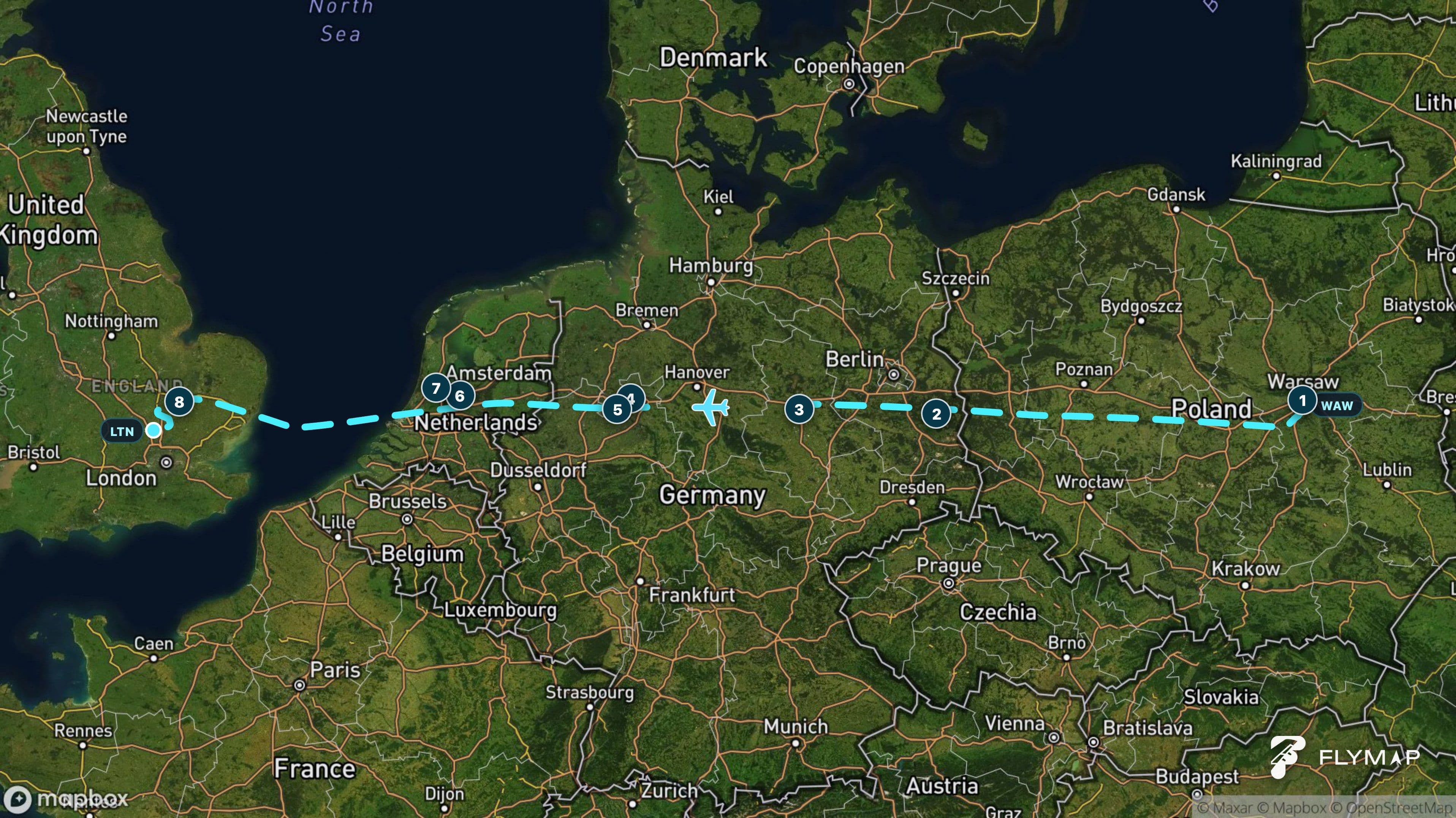 Map of the Warsaw to Luton flight route crossing Poland, Germany, the Netherlands, the North Sea and eastern England