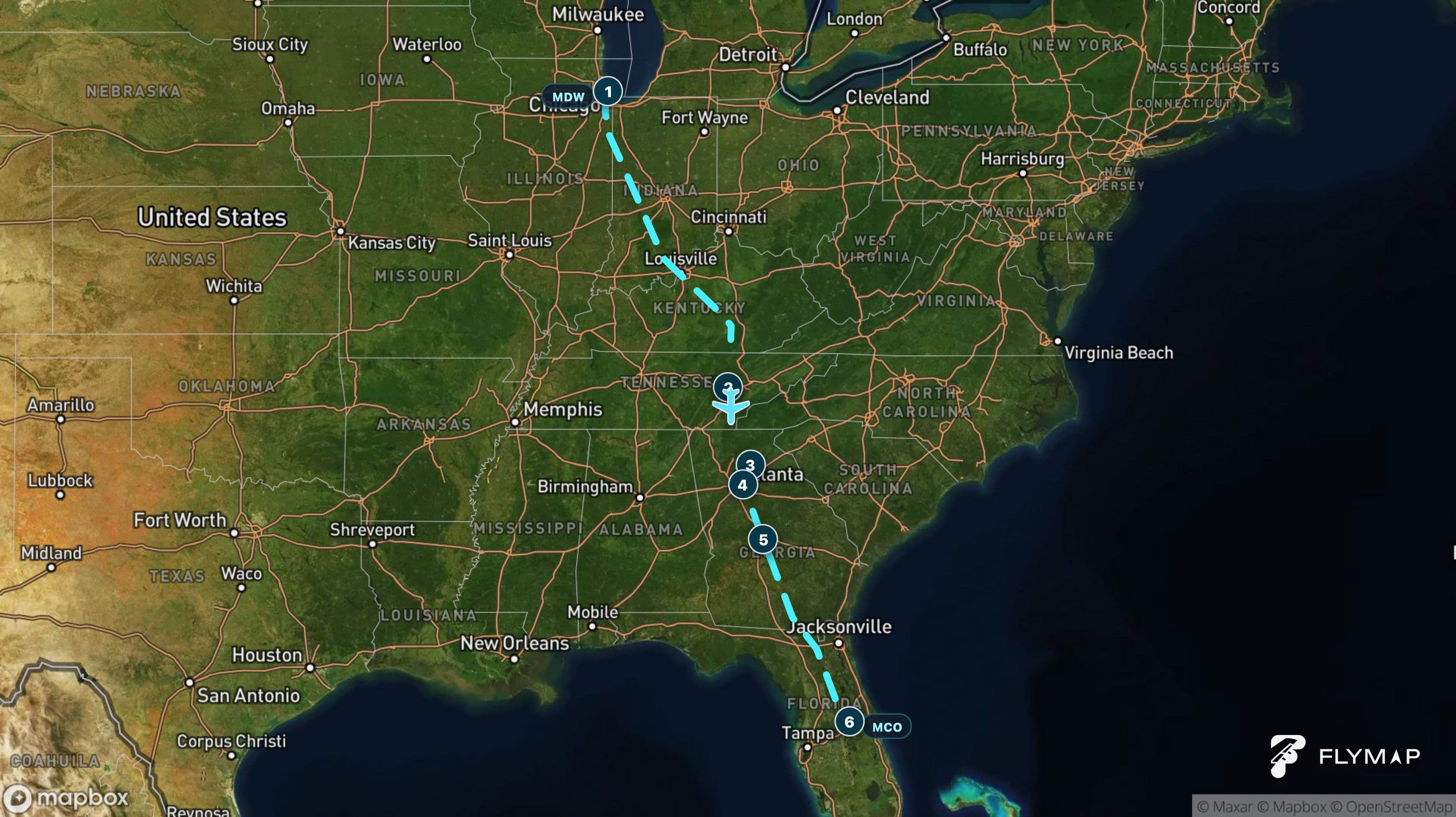 Map of the flight route from Chicago Midway to Orlando crossing the Appalachian Mountains and Florida