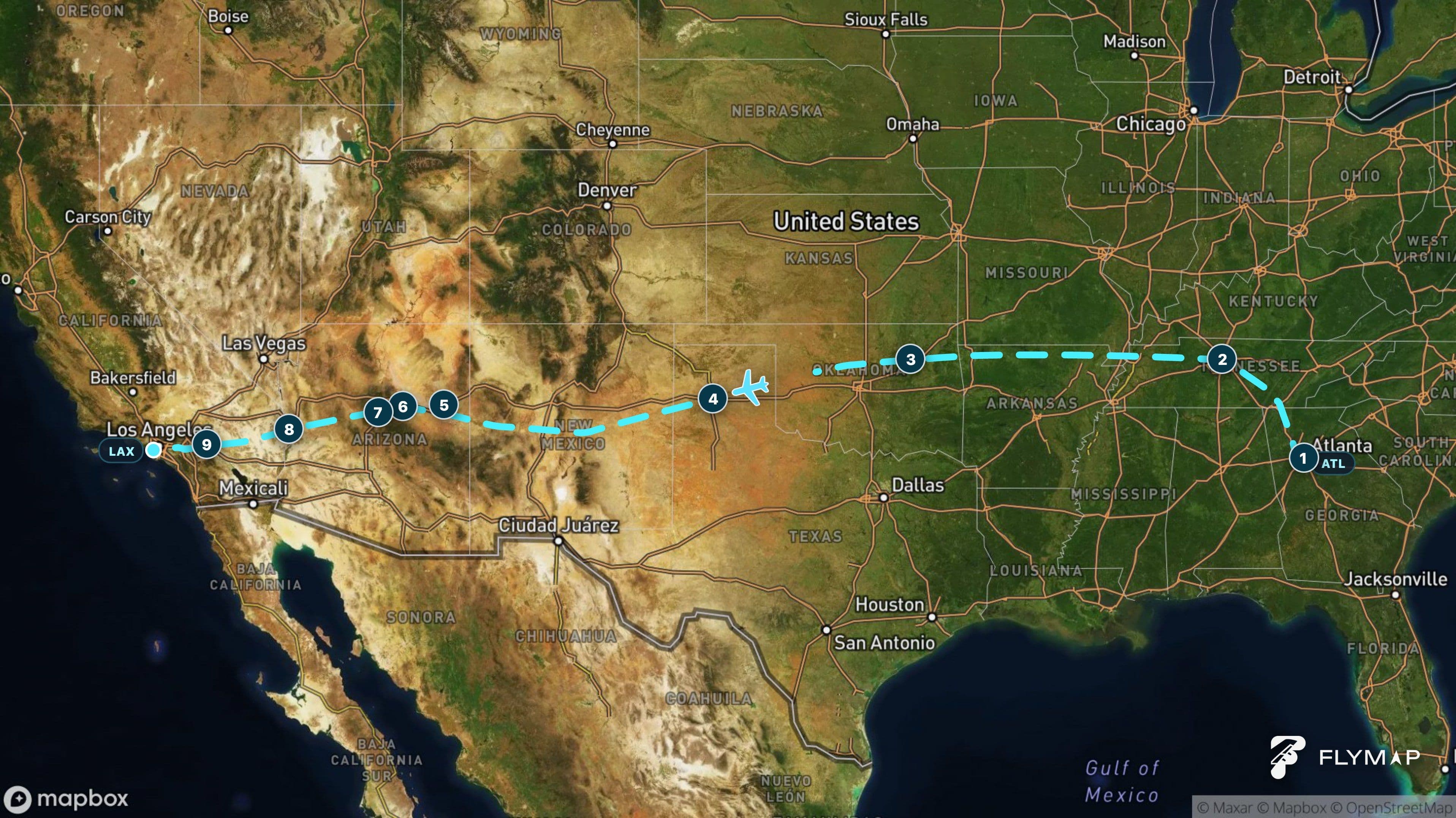 Map of the Atlanta to Los Angeles flight route crossing the Appalachians, Great Plains and desert Southwest