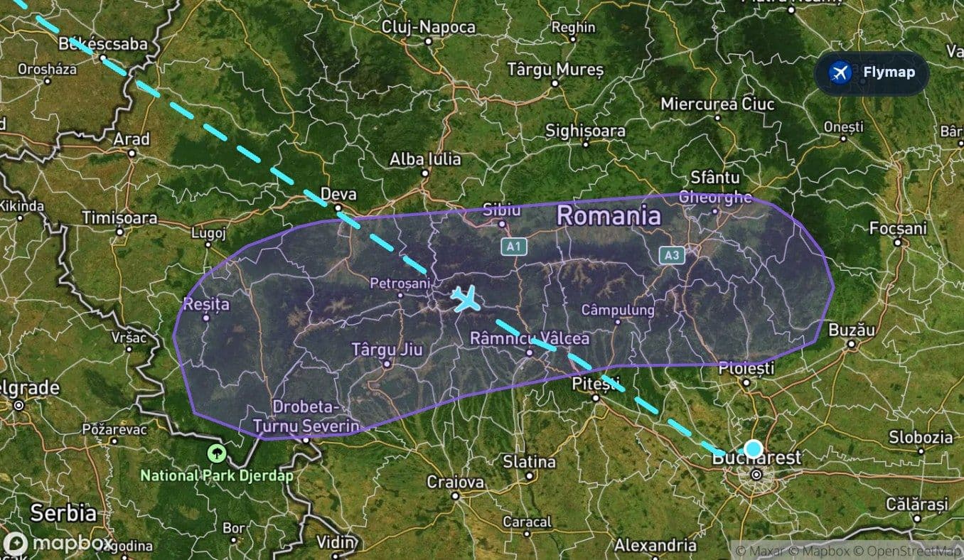 Map highlighting the Southern Carpathians crossed before arrival in Romania