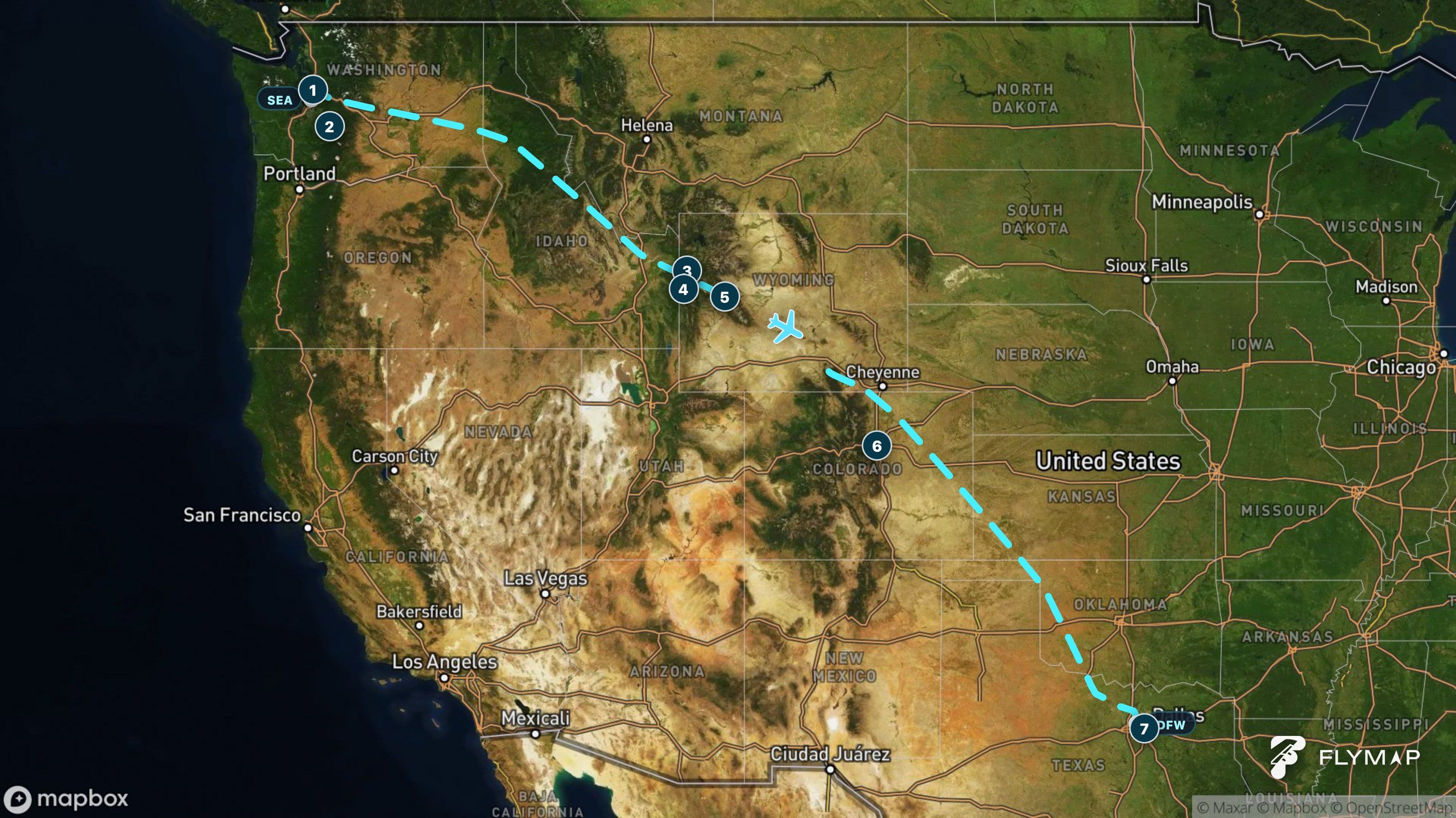 Map of the flight route from Seattle to Dallas-Fort Worth crossing the Cascades, Rocky Mountains and Great Plains
