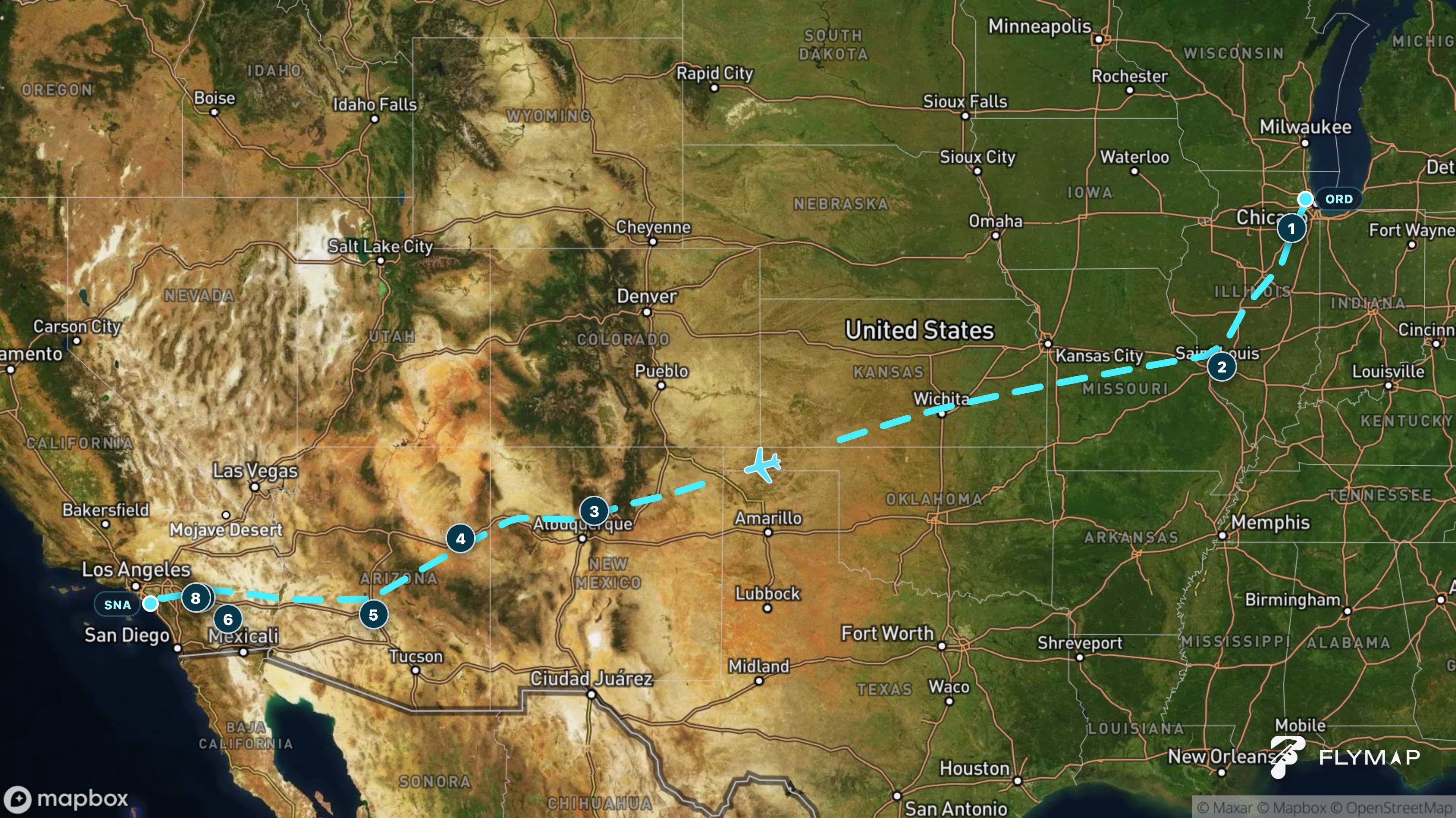 Map of the Chicago to Santa Ana flight route from the Central Lowlands across the Great Plains, Southwest plateaus, Sonoran Desert, and Southern California.