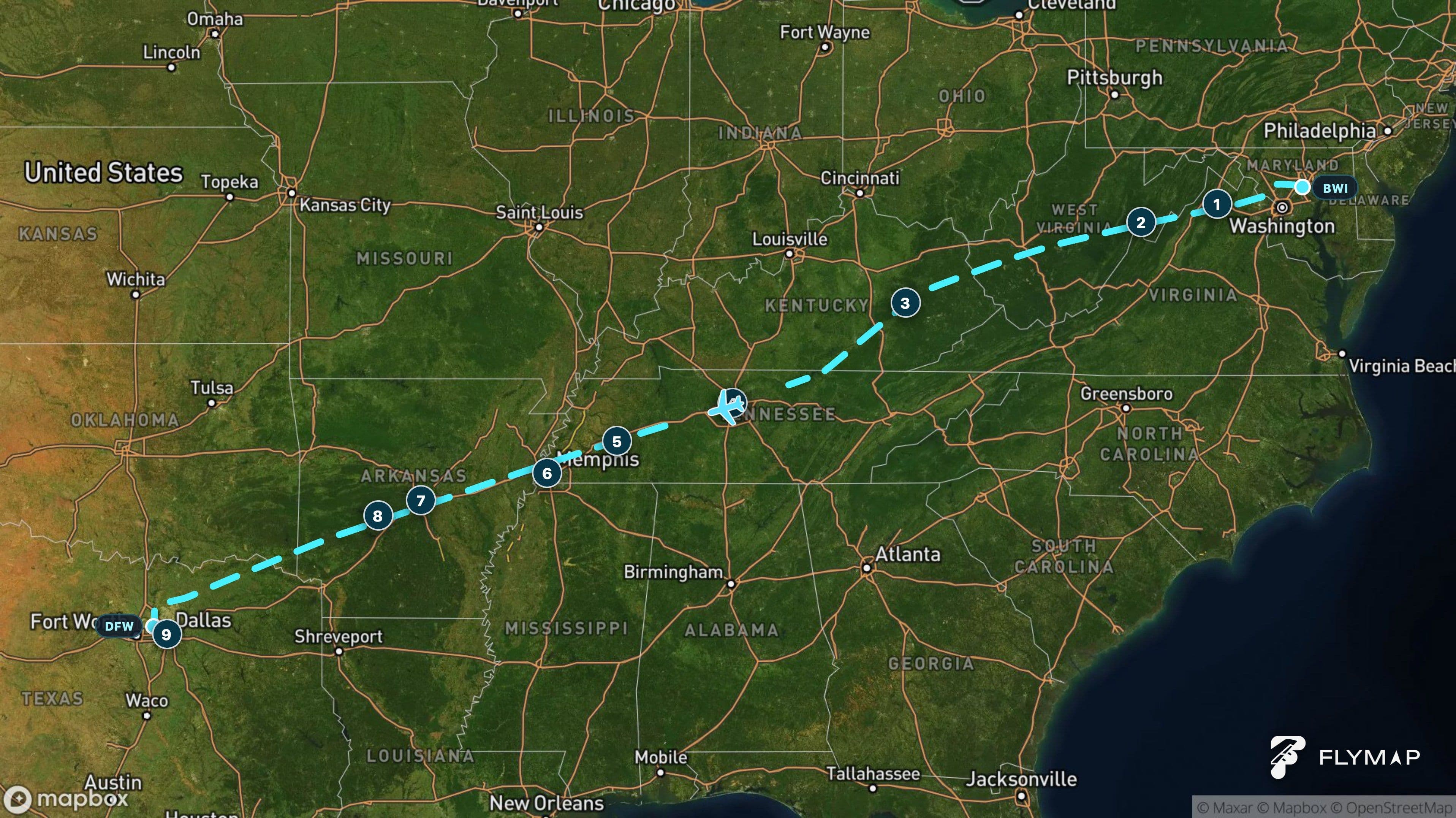 Map of the flight route from Baltimore to Dallas-Fort Worth crossing the Appalachian Mountains and central United States