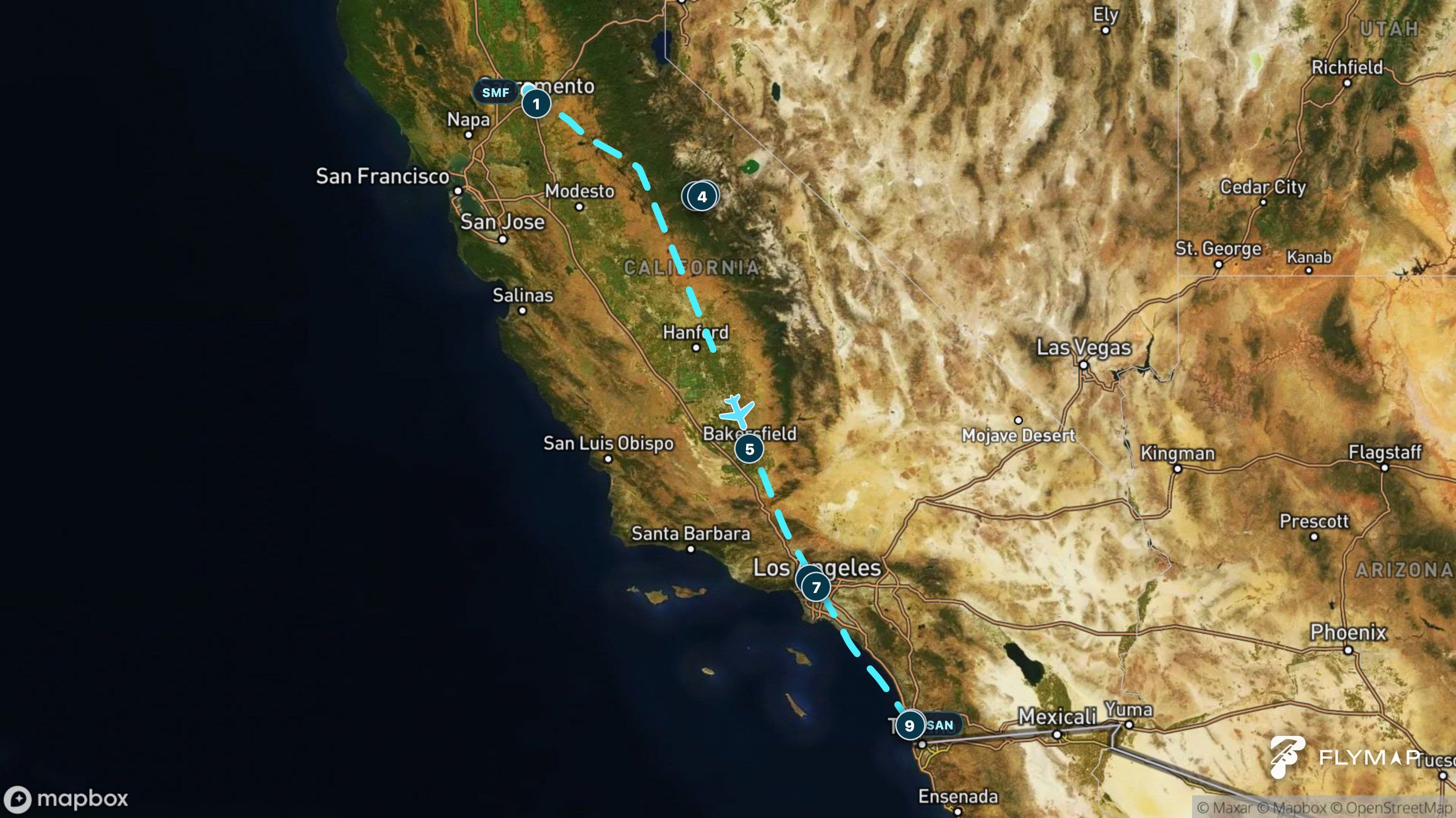 Flight path from Sacramento to San Diego crossing California’s Central Valley, Sierra Nevada and Pacific coast