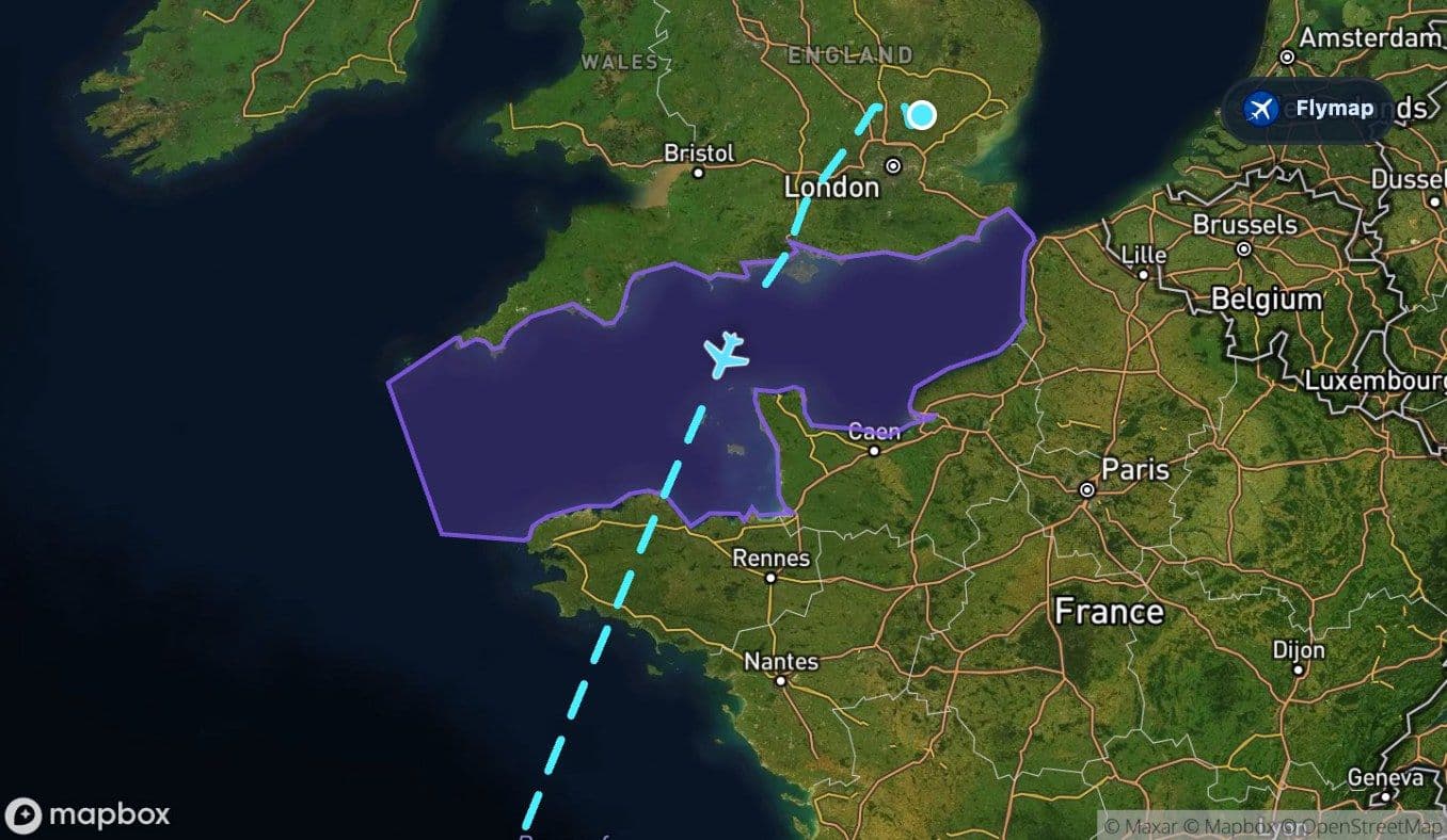 Map showing the English Channel section of the London Stansted to Gran Canaria flight route