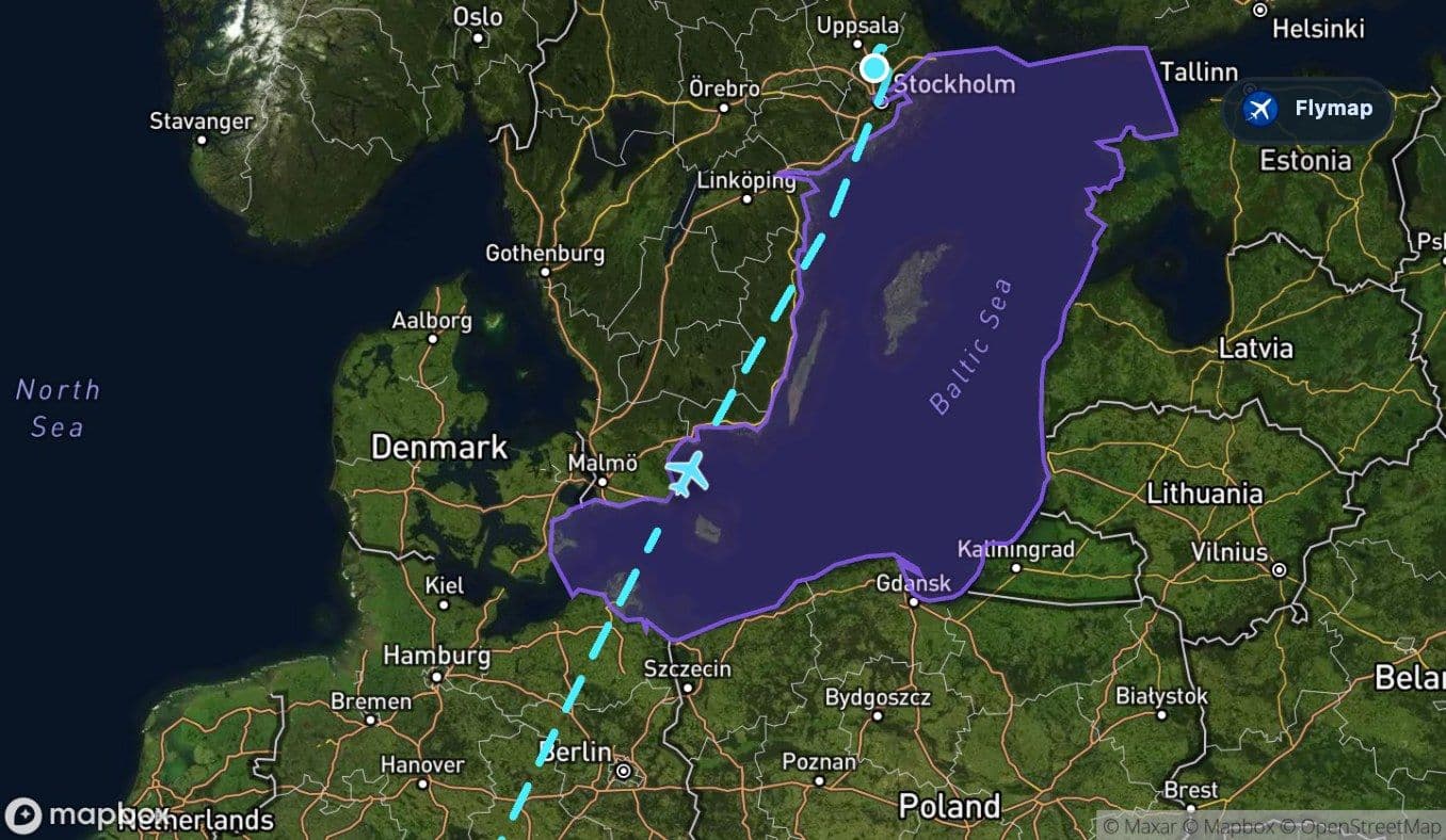 Map view of the Barcelona to Stockholm route crossing the Baltic Sea