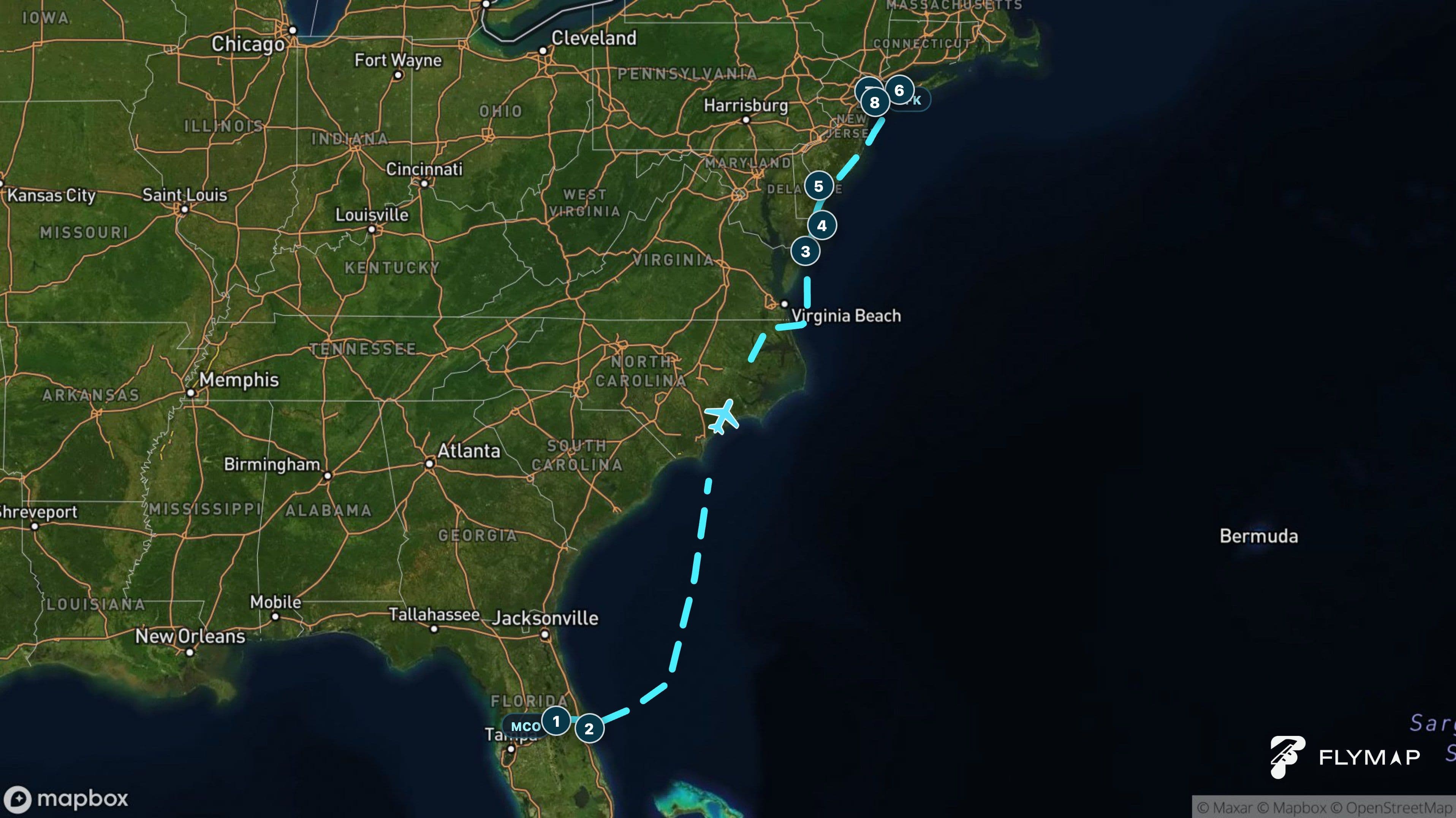 Map of the Orlando to New York JFK flight route leaving Florida, crossing the Atlantic and returning to the East Coast before New York.