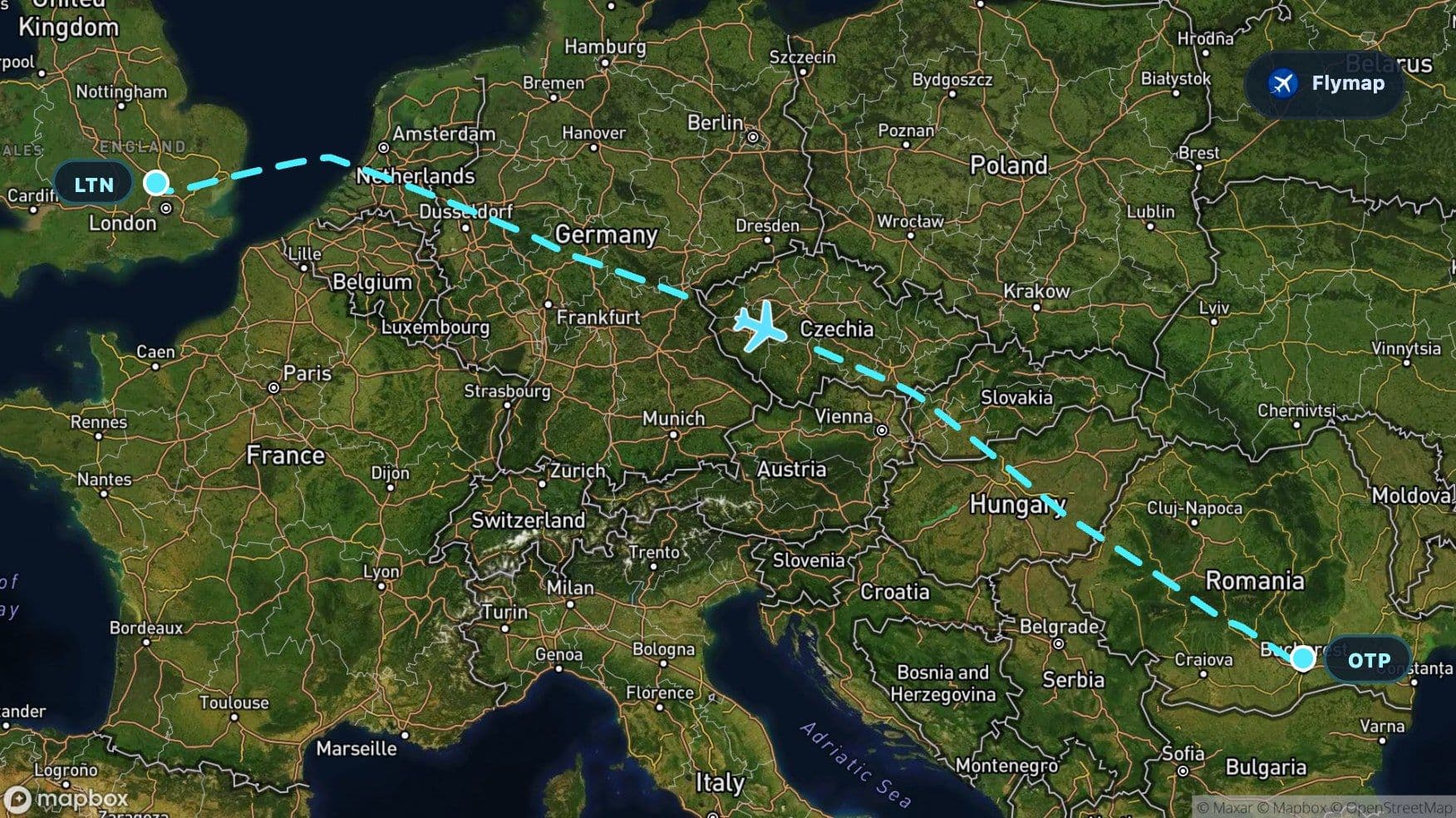 Map of the Luton to Otopeni flight route crossing Europe toward the Carpathian Mountains