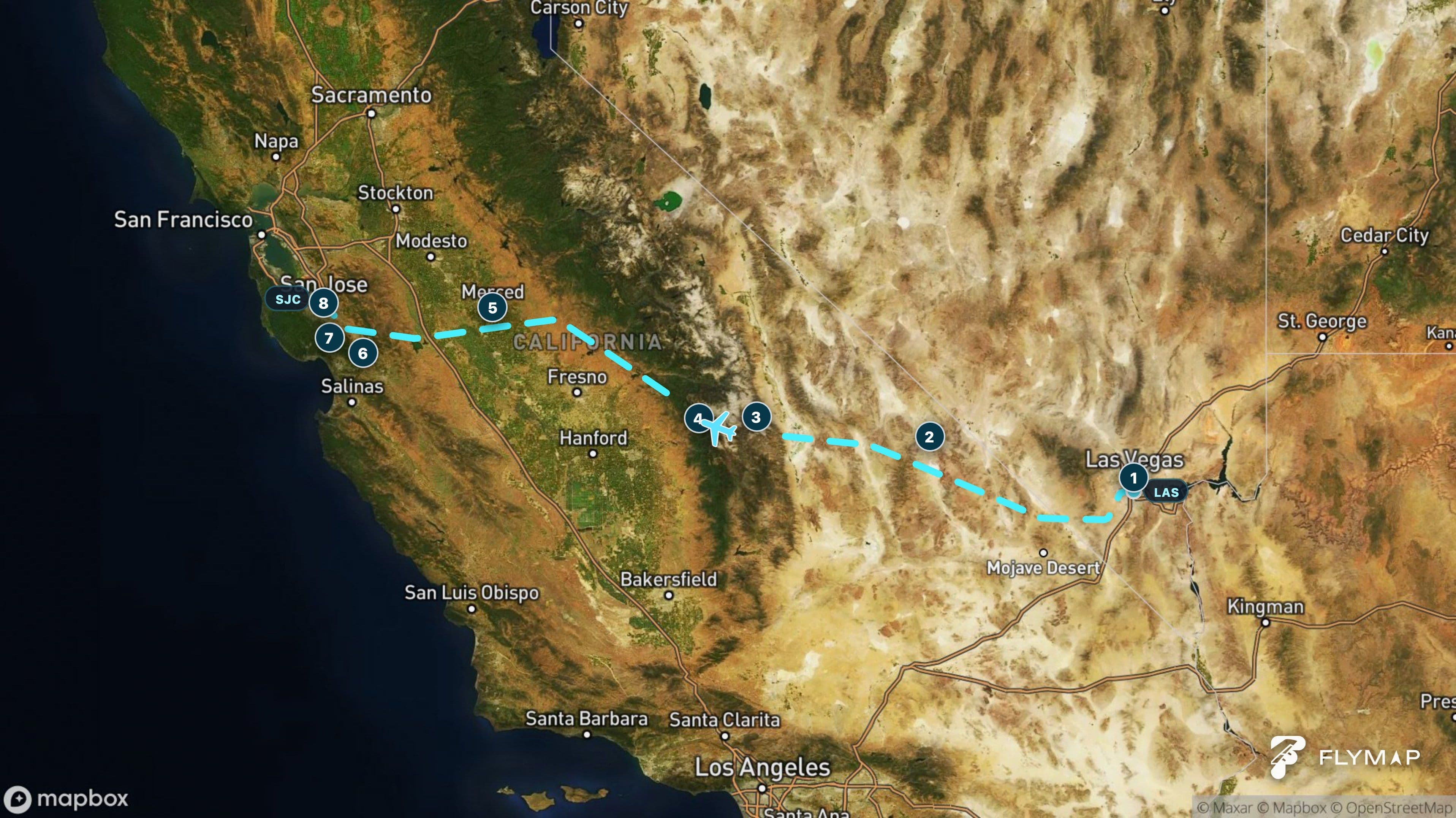 Flight route from Las Vegas across desert basins and the Sierra Nevada toward San Jose
