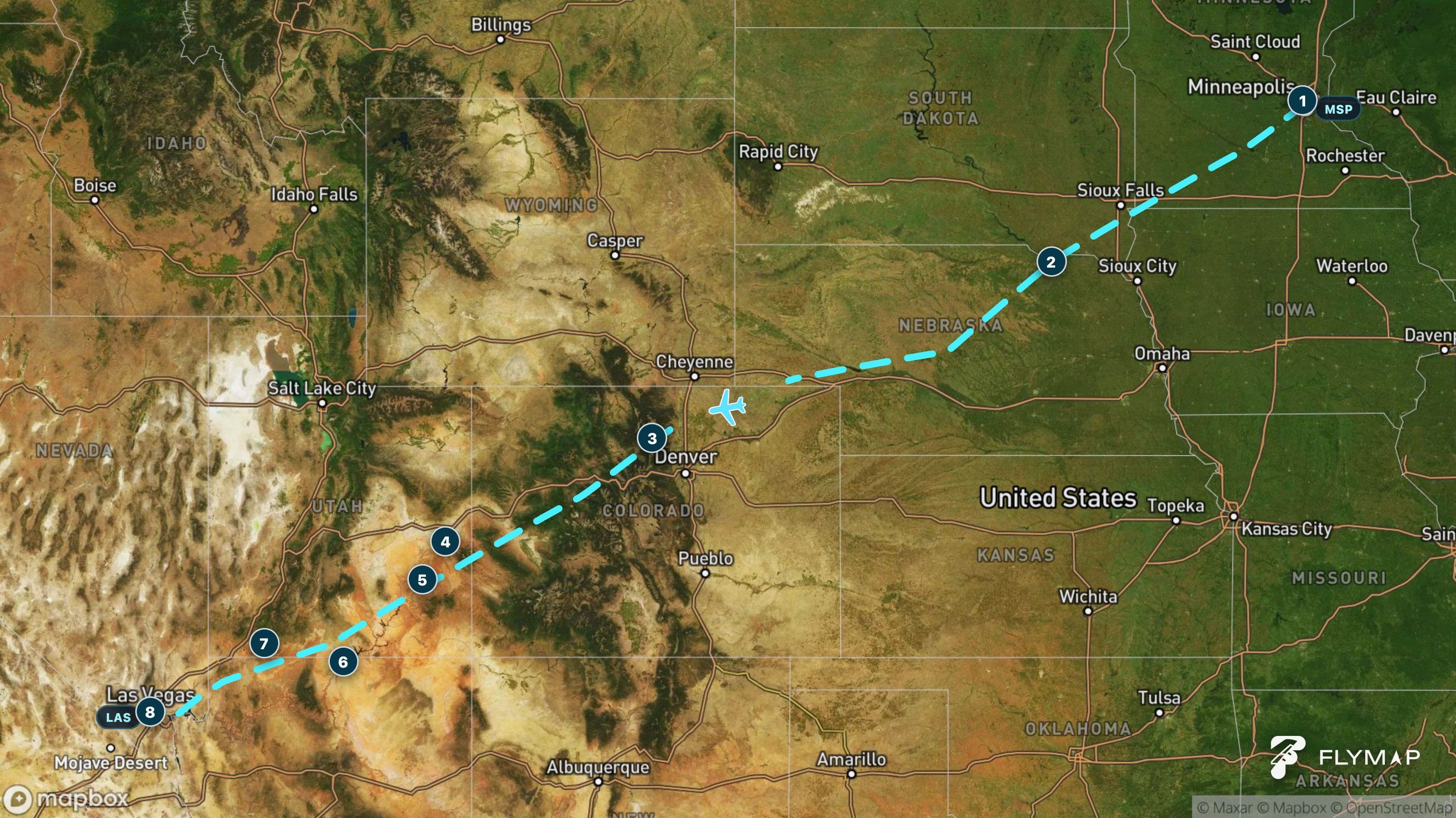 Flight route from Minneapolis to Las Vegas crossing the Great Plains, Rocky Mountains and desert Southwest