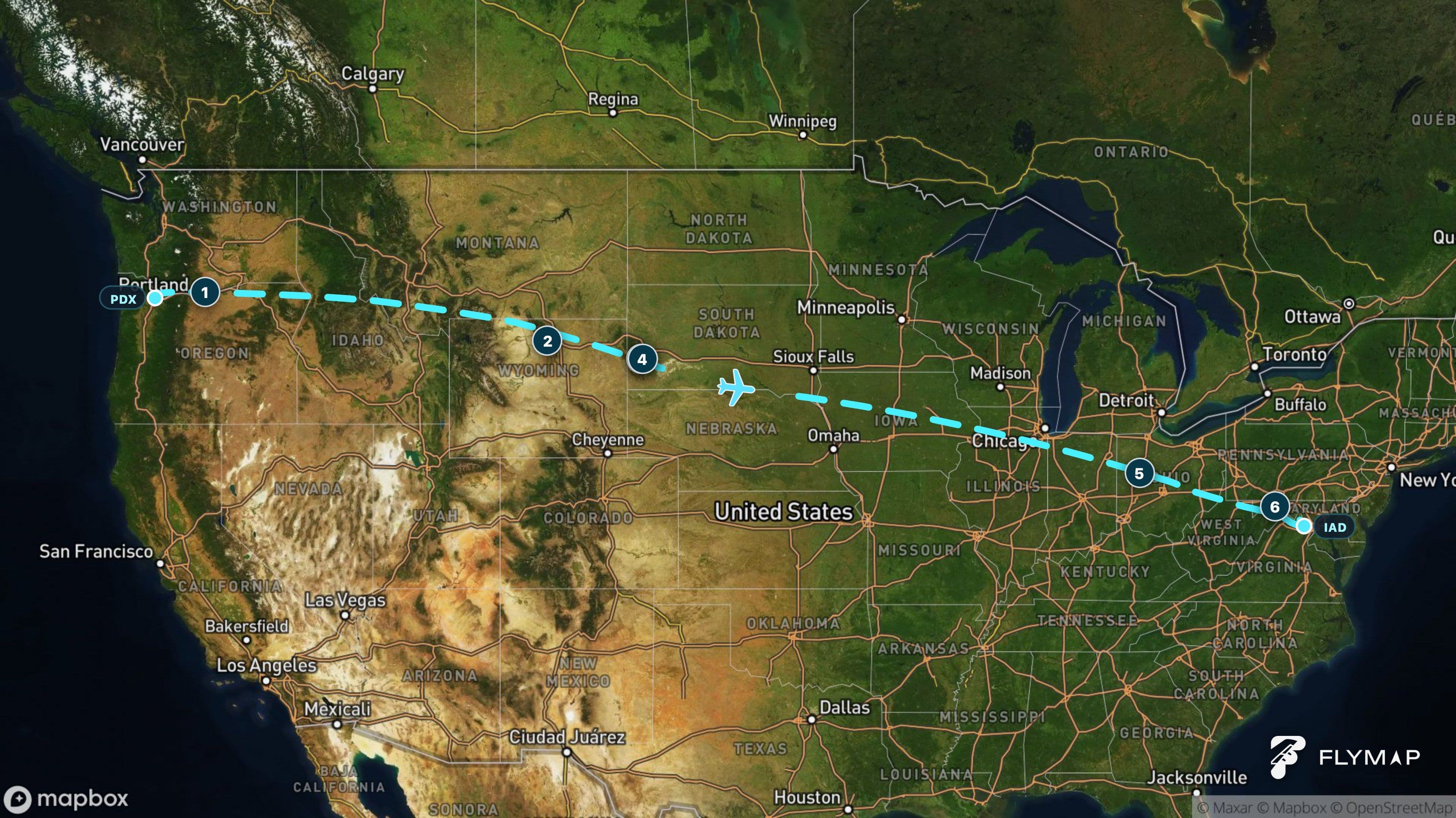 Flight path from Portland across western mountains and central plains to the Appalachian region near Dulles