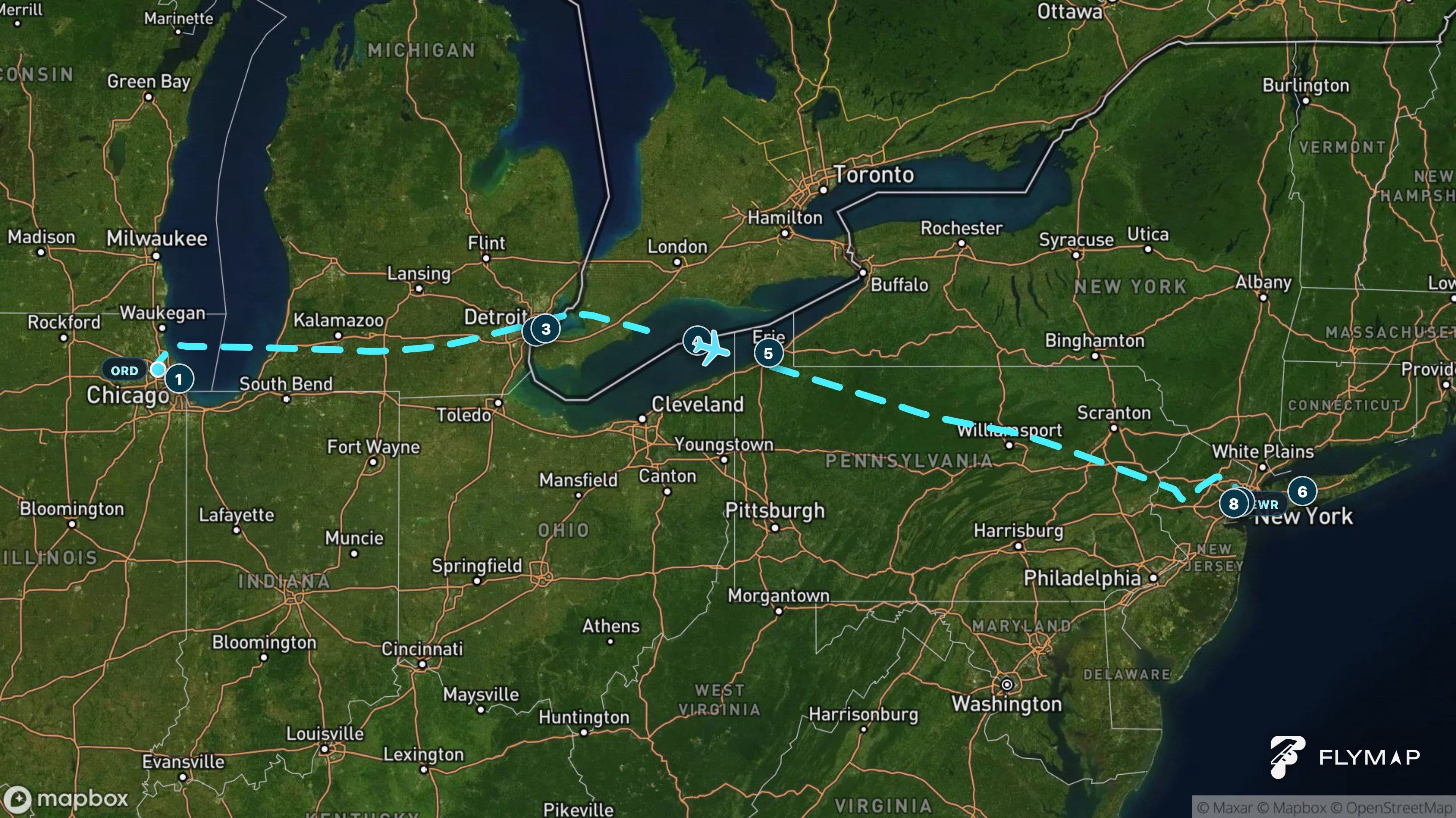 Map of the Chicago to Newark flight route crossing the Great Lakes, Pennsylvania and New Jersey