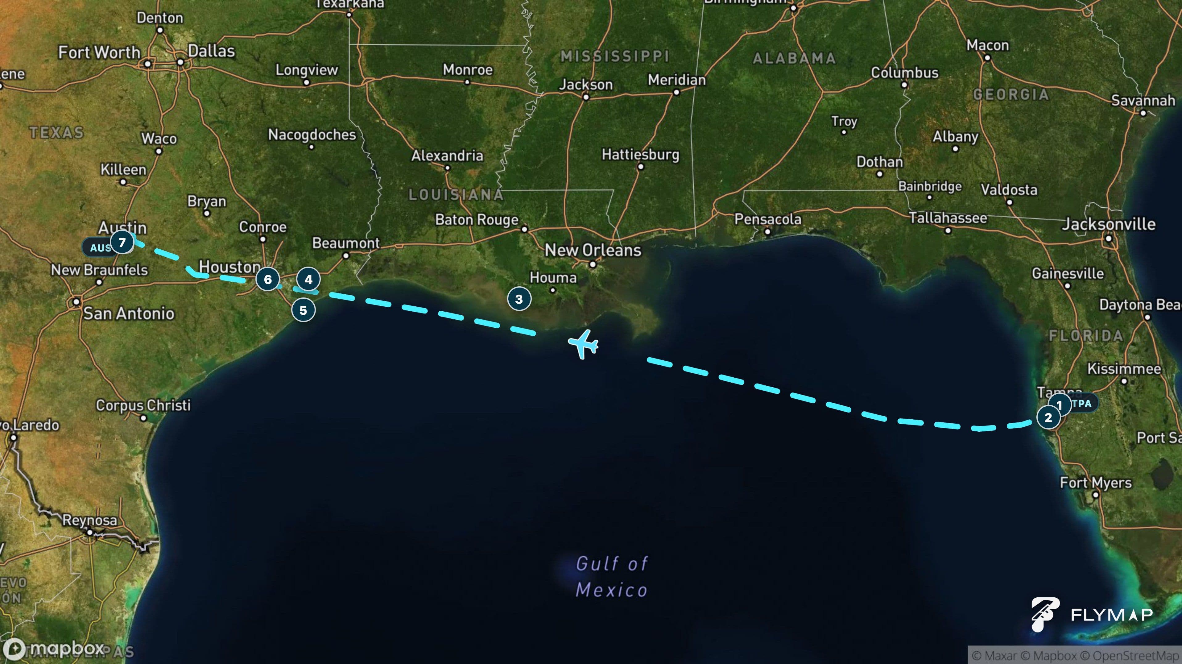 Tampa to Austin flight route from Tampa Bay across the Gulf of Mexico to central Texas